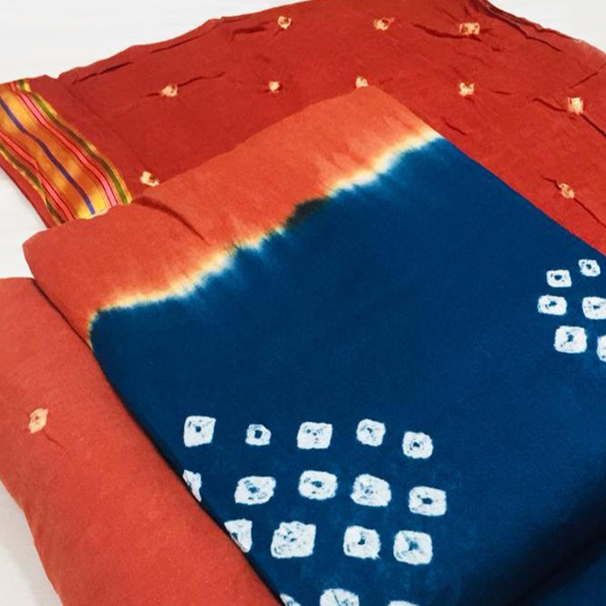 Blue-Rust Bandhani Printed Cotton Blend Dress Material - Peachmode