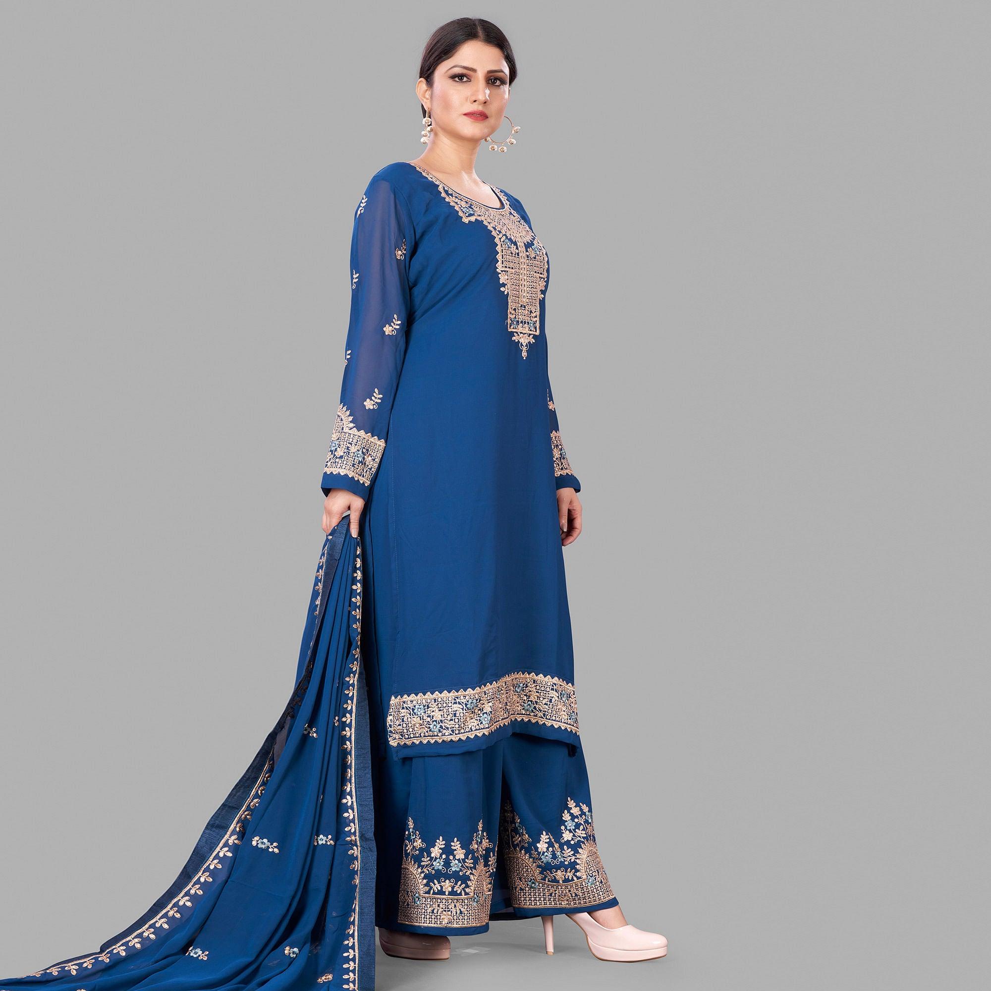 Blue Semi Party Wear Embroidered Heavy Georgette Palazzo Suit - Peachmode