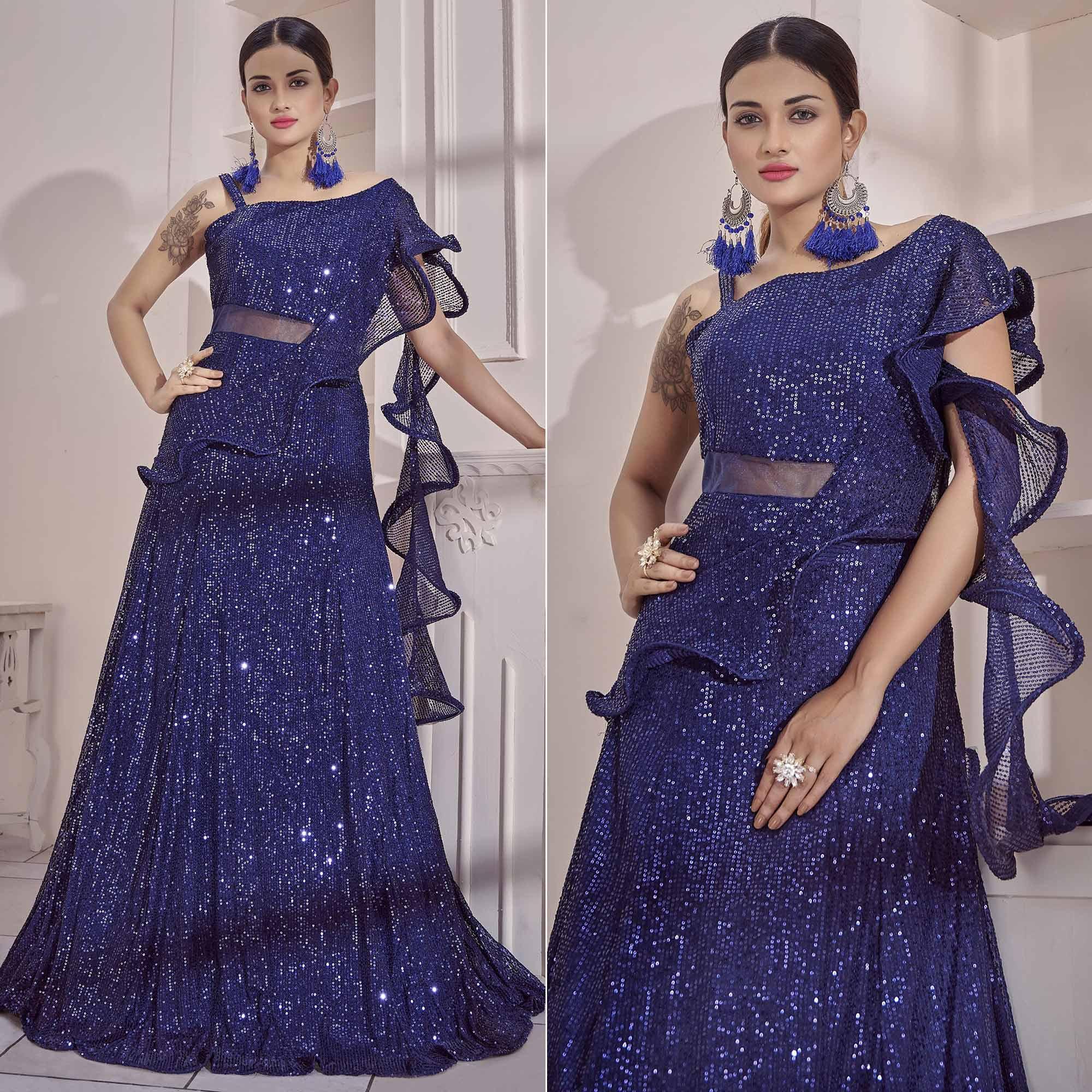 Blue Sequence Embroidered Art Silk Gown - Peachmode