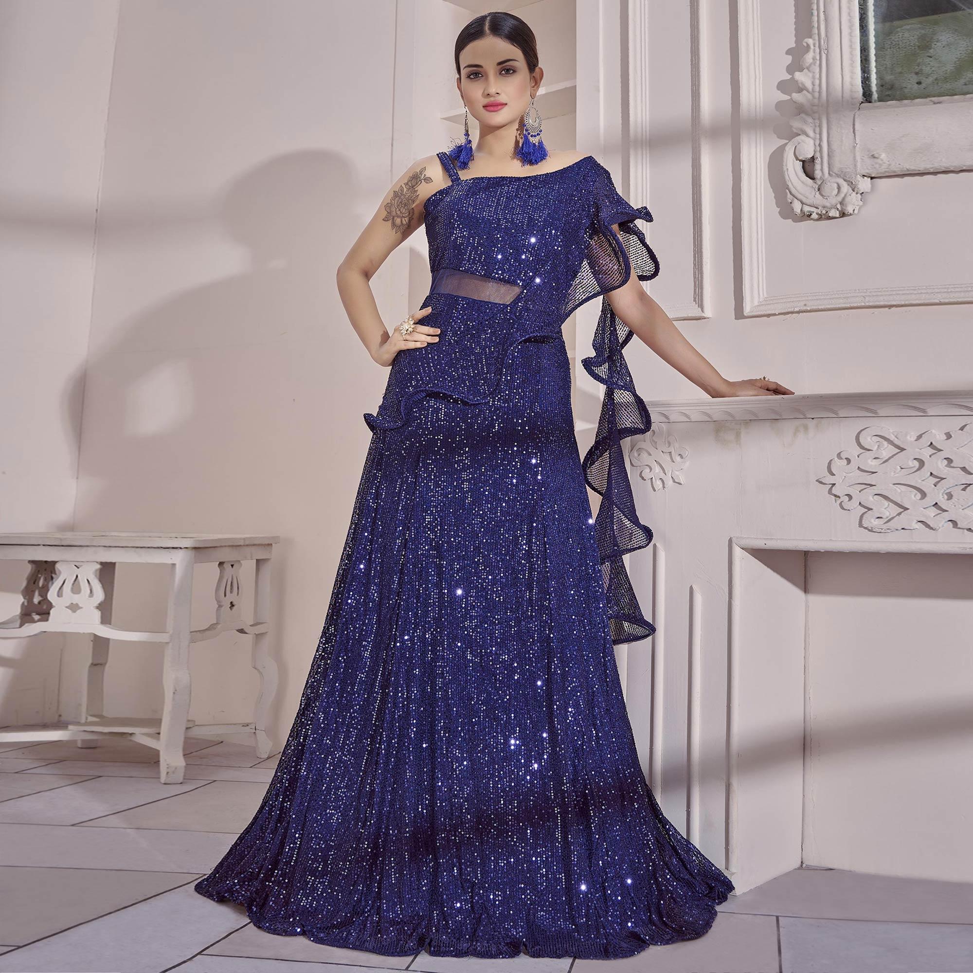 Blue Sequence Embroidered Art Silk Gown - Peachmode
