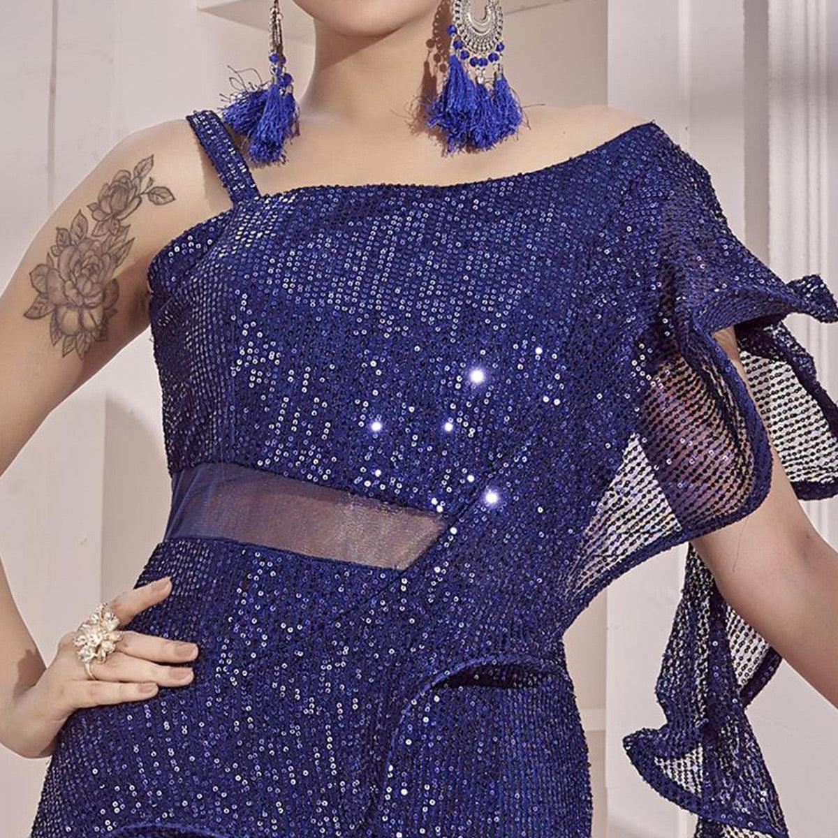 Blue Sequence Embroidered Art Silk Gown - Peachmode