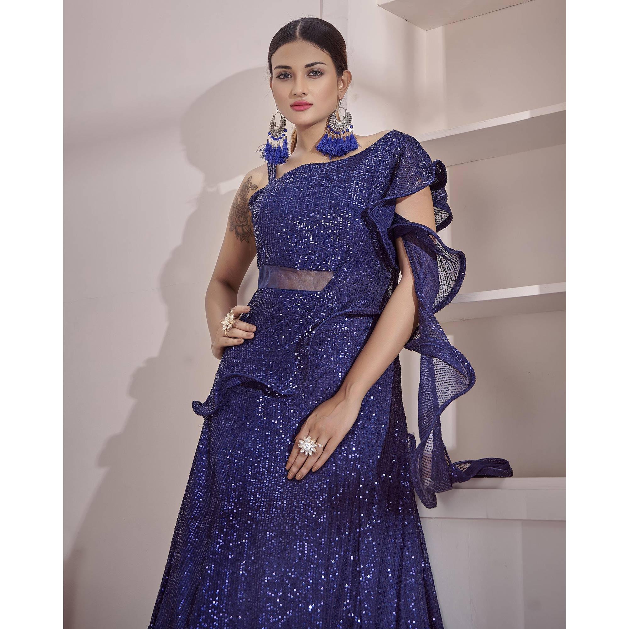Blue Sequence Embroidered Art Silk Gown - Peachmode