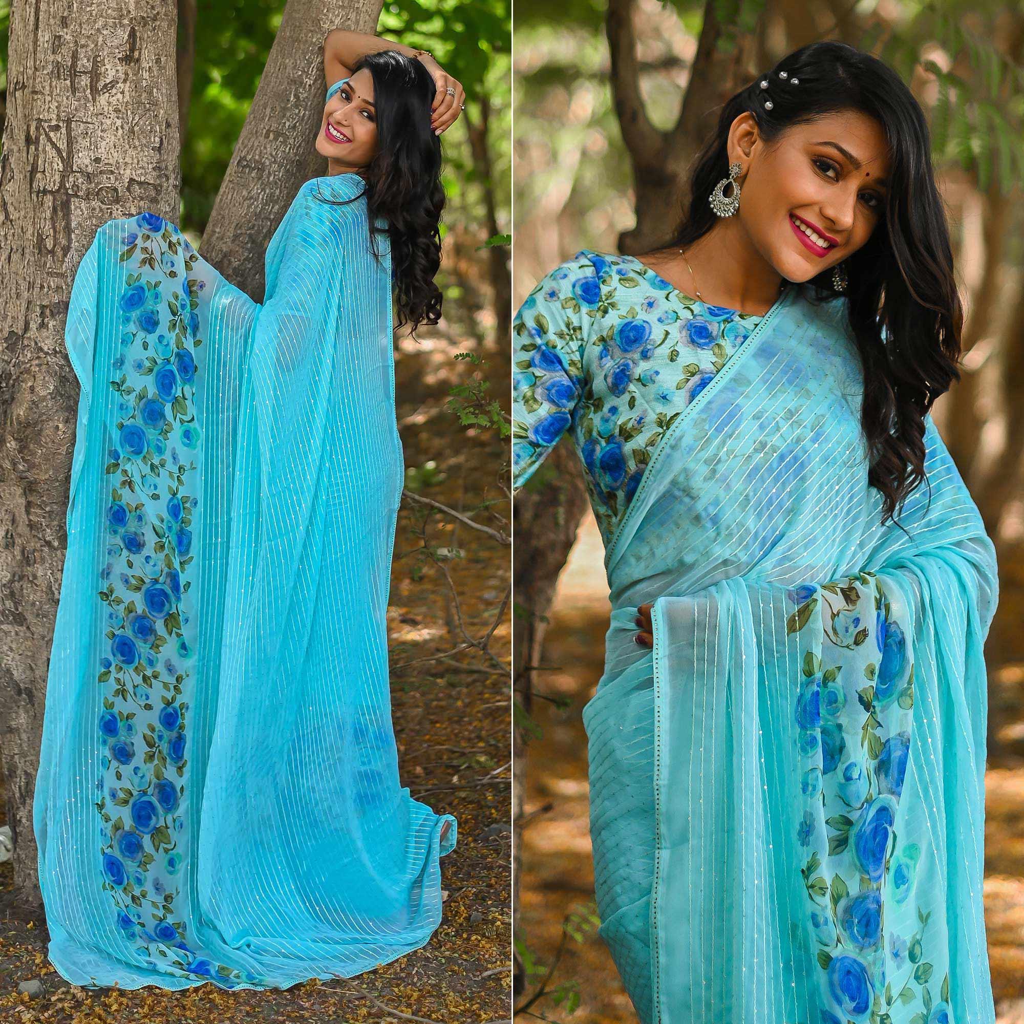 Blue Sequence Embroidered Art Silk Saree - Peachmode