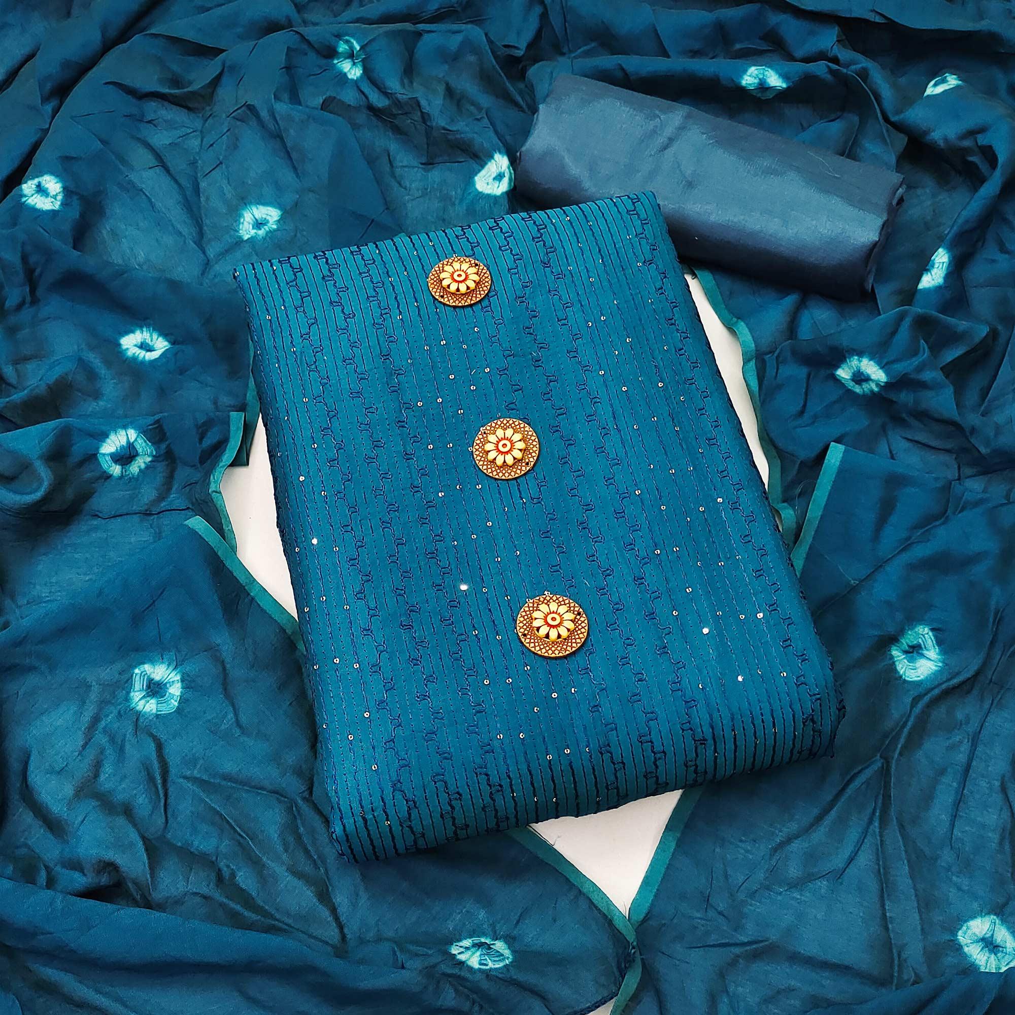 Blue Sequence Embroidered Chanderi Dress Material - Peachmode