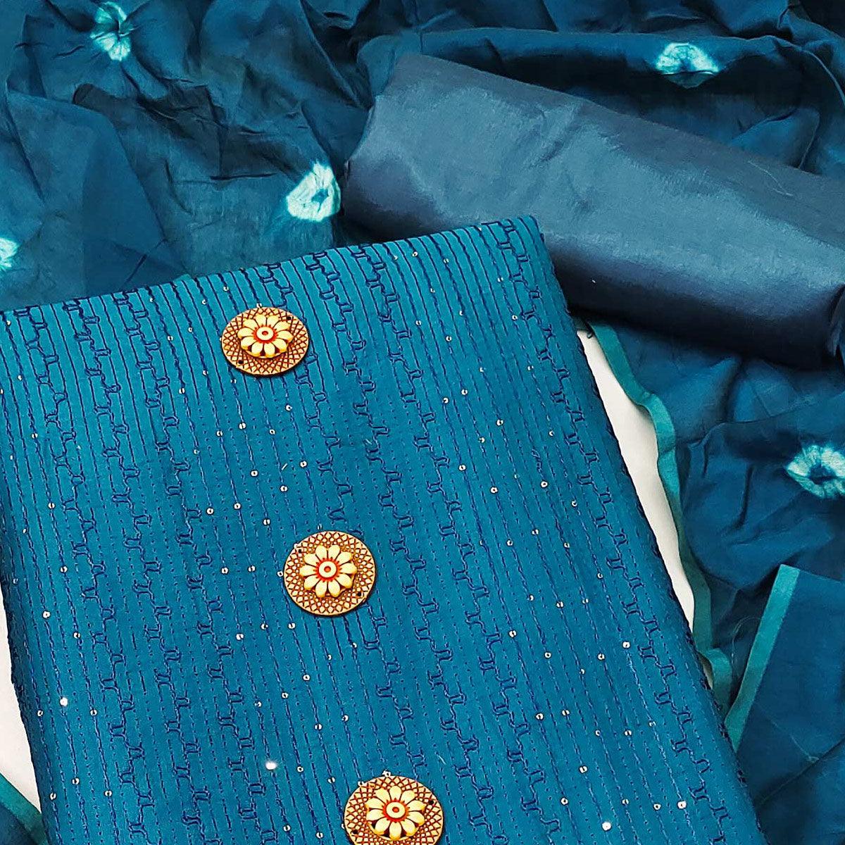 Blue Sequence Embroidered Chanderi Dress Material - Peachmode
