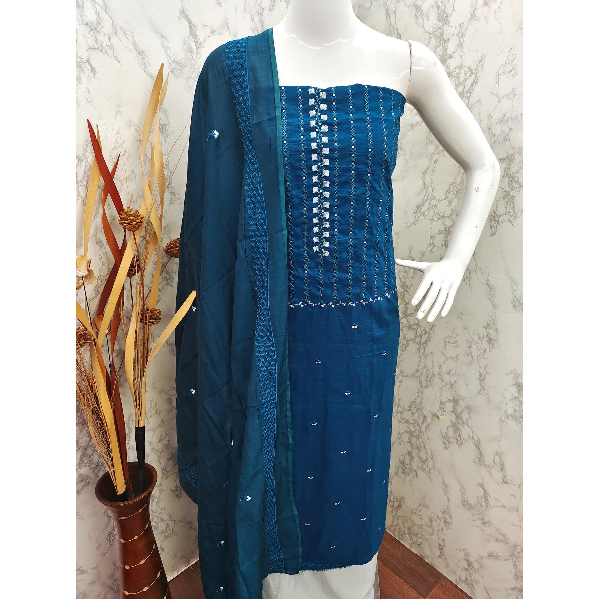 Blue Sequence Embroidered Cotton Silk Dress Material - Peachmode