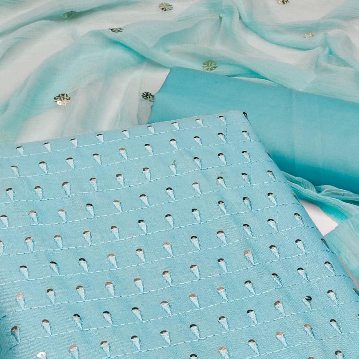 Blue Sequence Embroidered Cotton Slub Dress Material - Peachmode