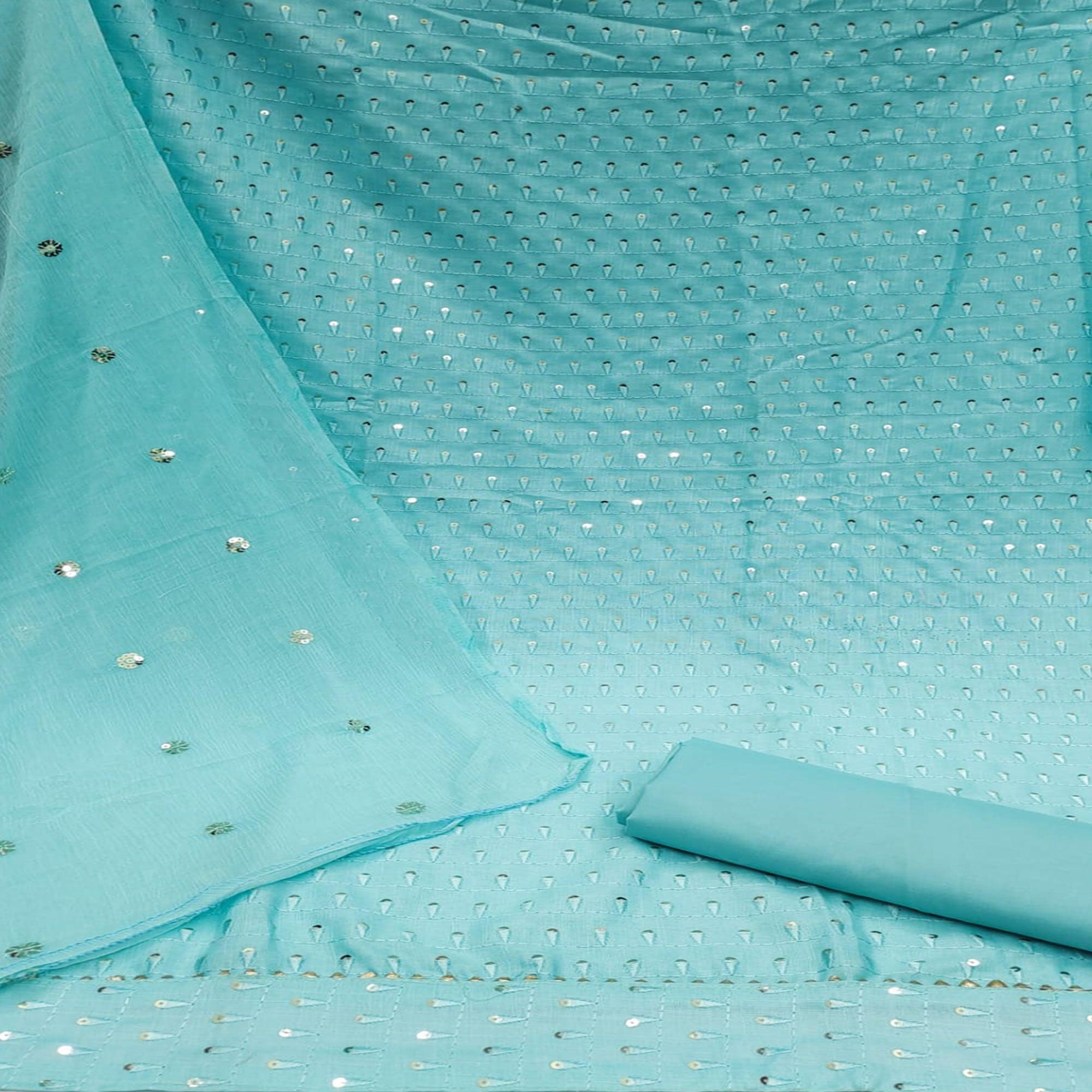 Blue Sequence Embroidered Cotton Slub Dress Material - Peachmode