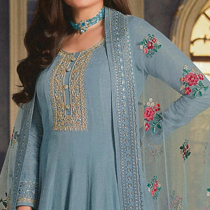 Blue Sequence Embroidered Dola Silk Anarkali Style Gown - Peachmode