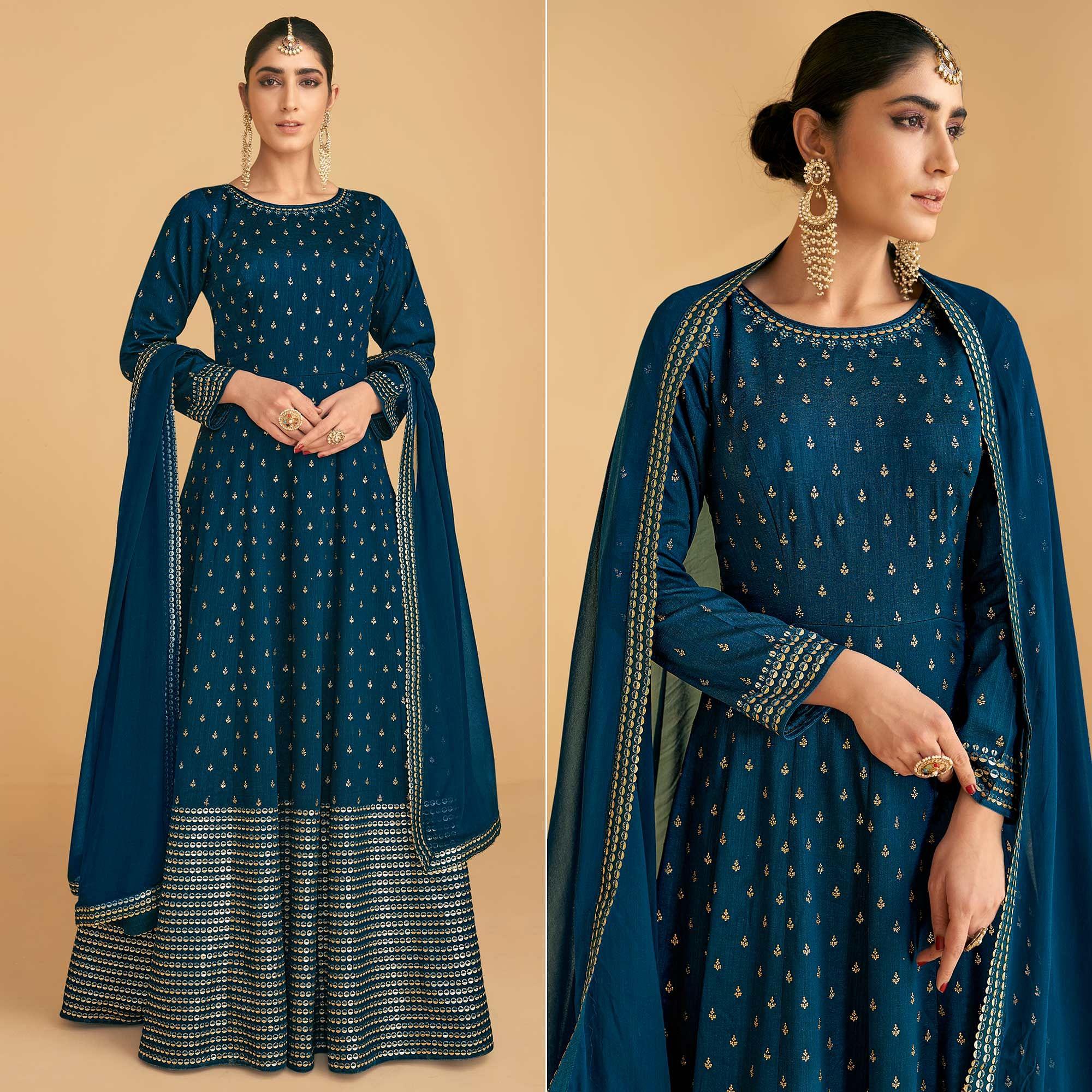 Blue Sequence Embroidered Georgette Gown - Peachmode