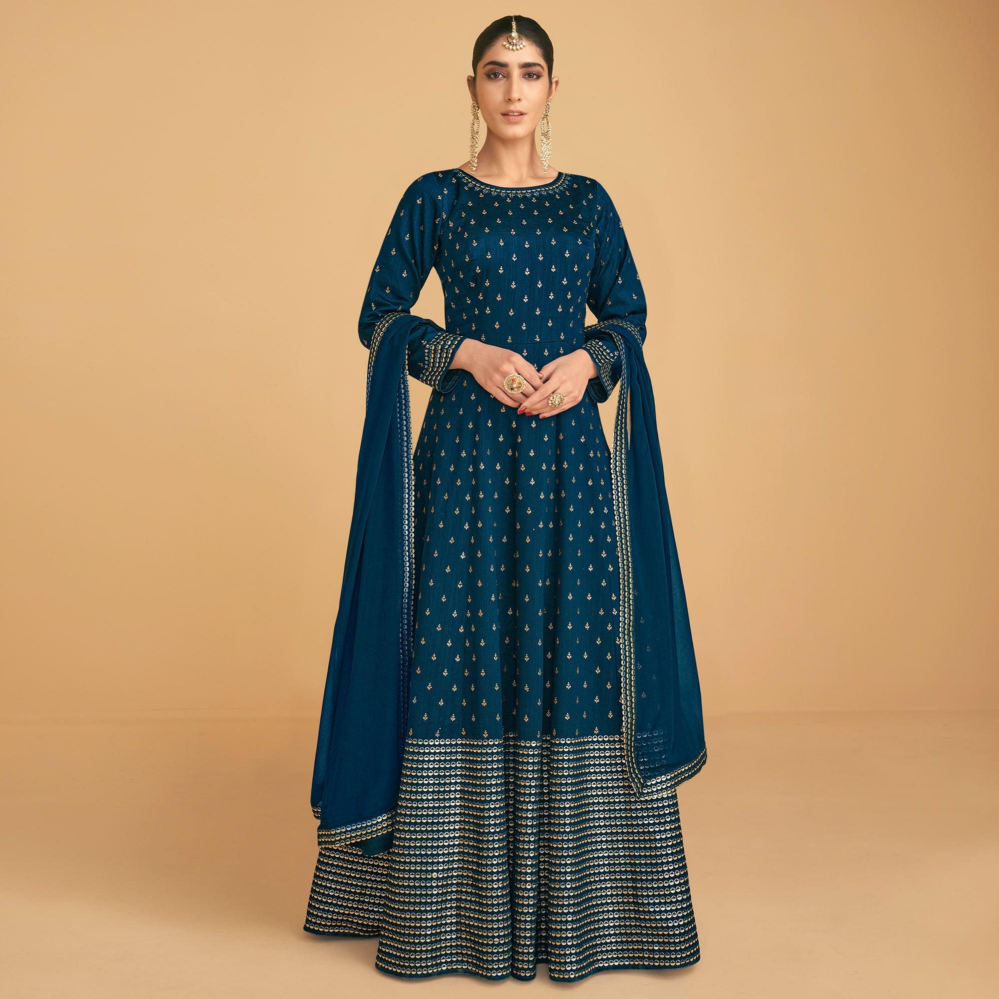 Blue Sequence Embroidered Georgette Gown - Peachmode