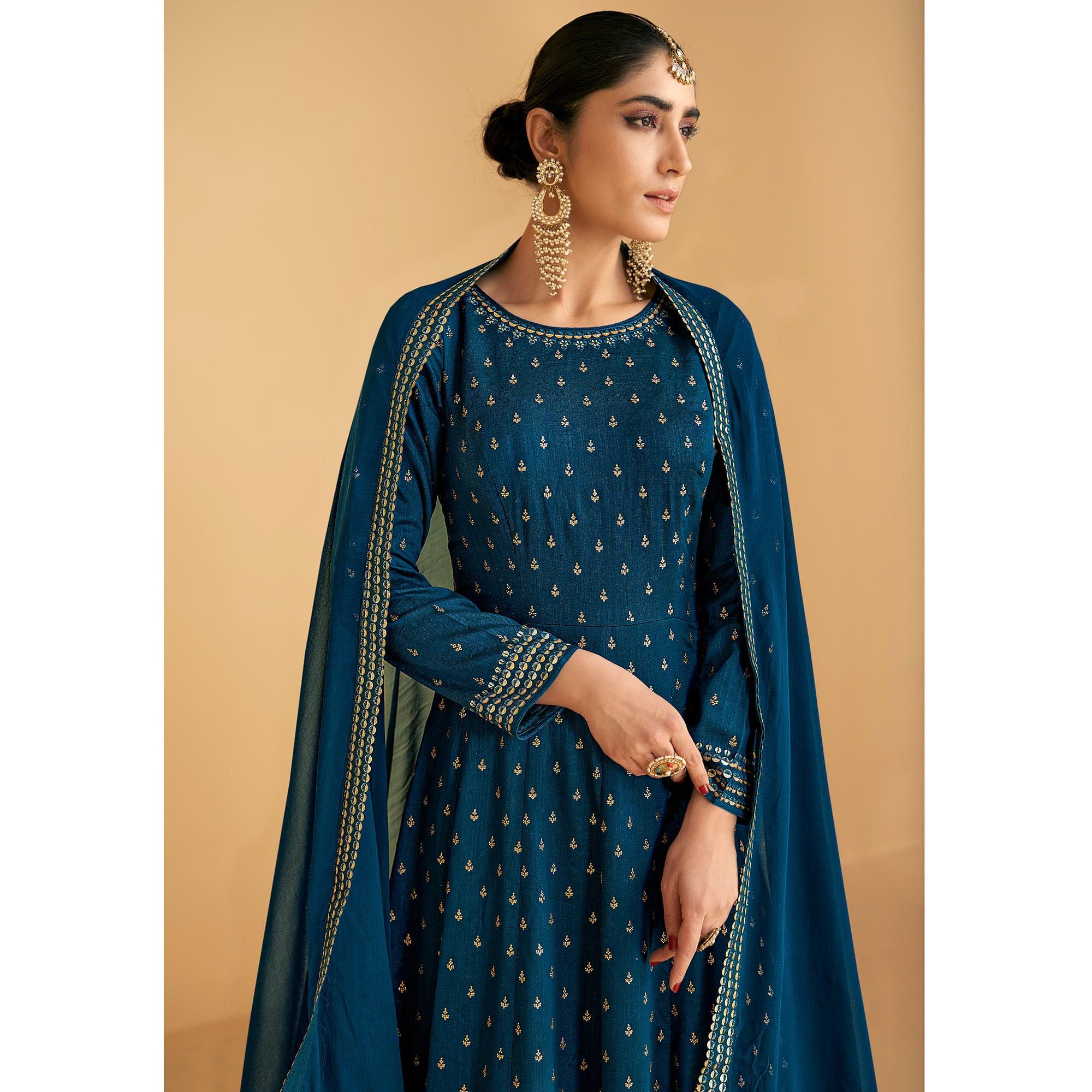 Blue Sequence Embroidered Georgette Gown - Peachmode