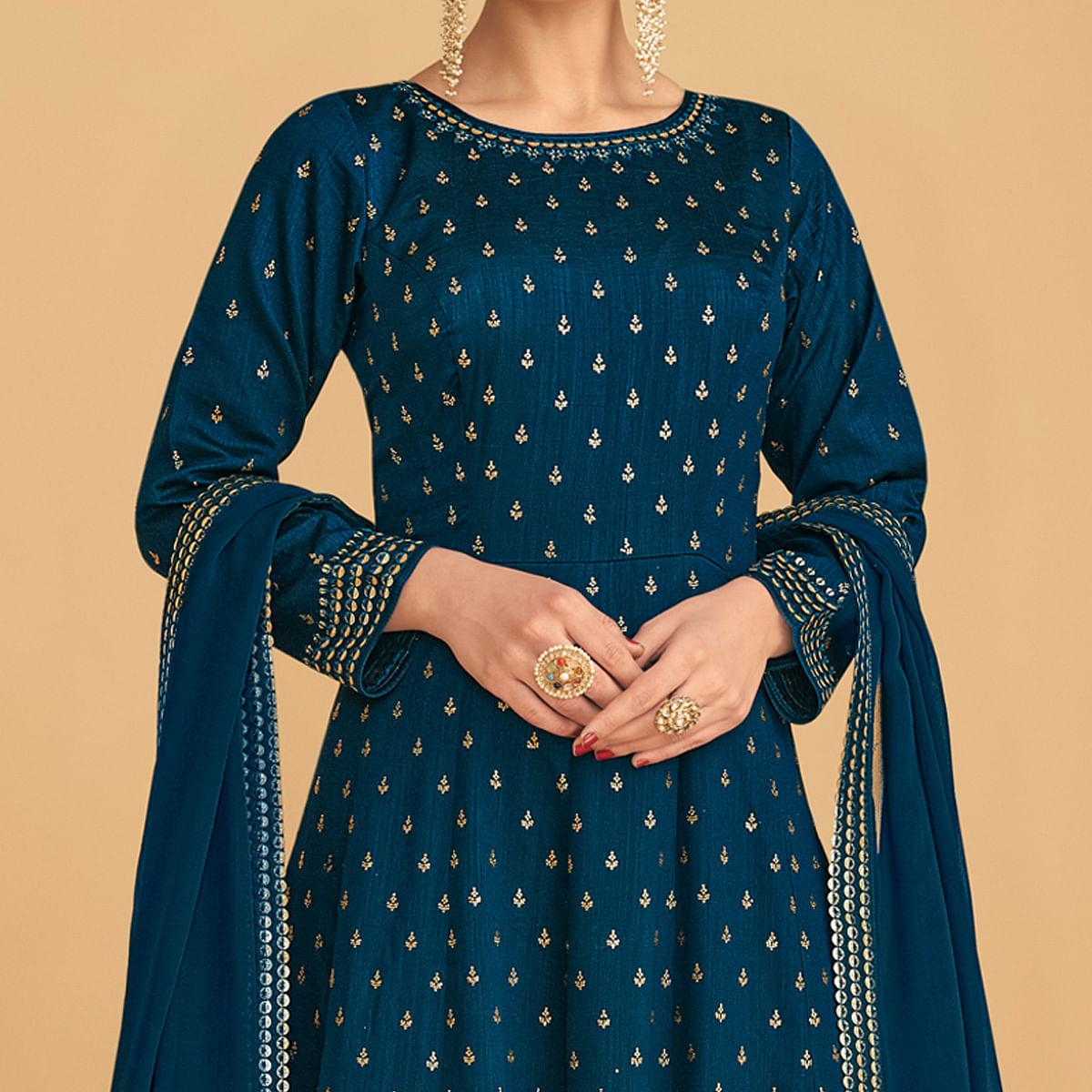 Blue Sequence Embroidered Georgette Gown - Peachmode