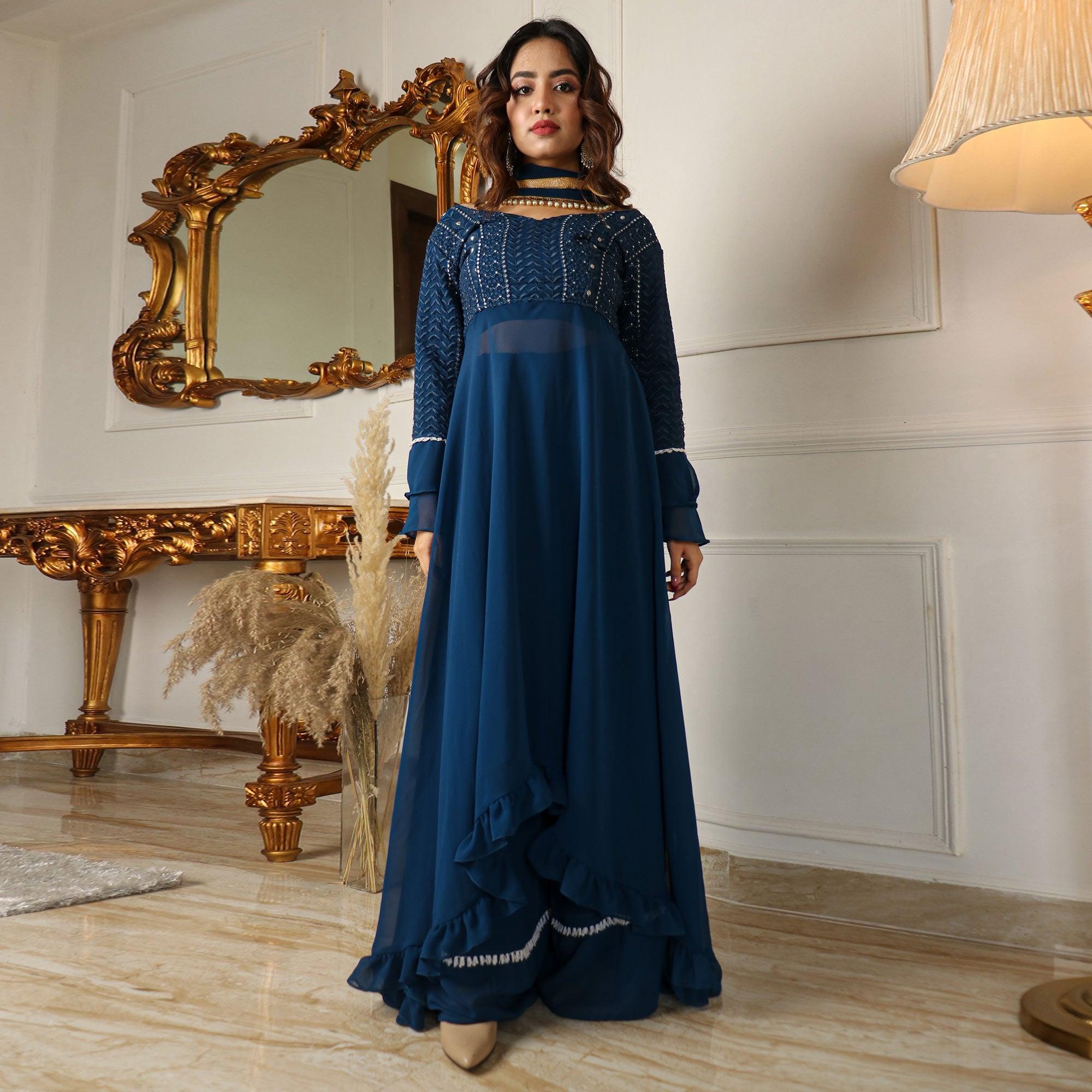 Blue Sequence Embroidered Georgette Partywear Suit With Dupatta - Peachmode