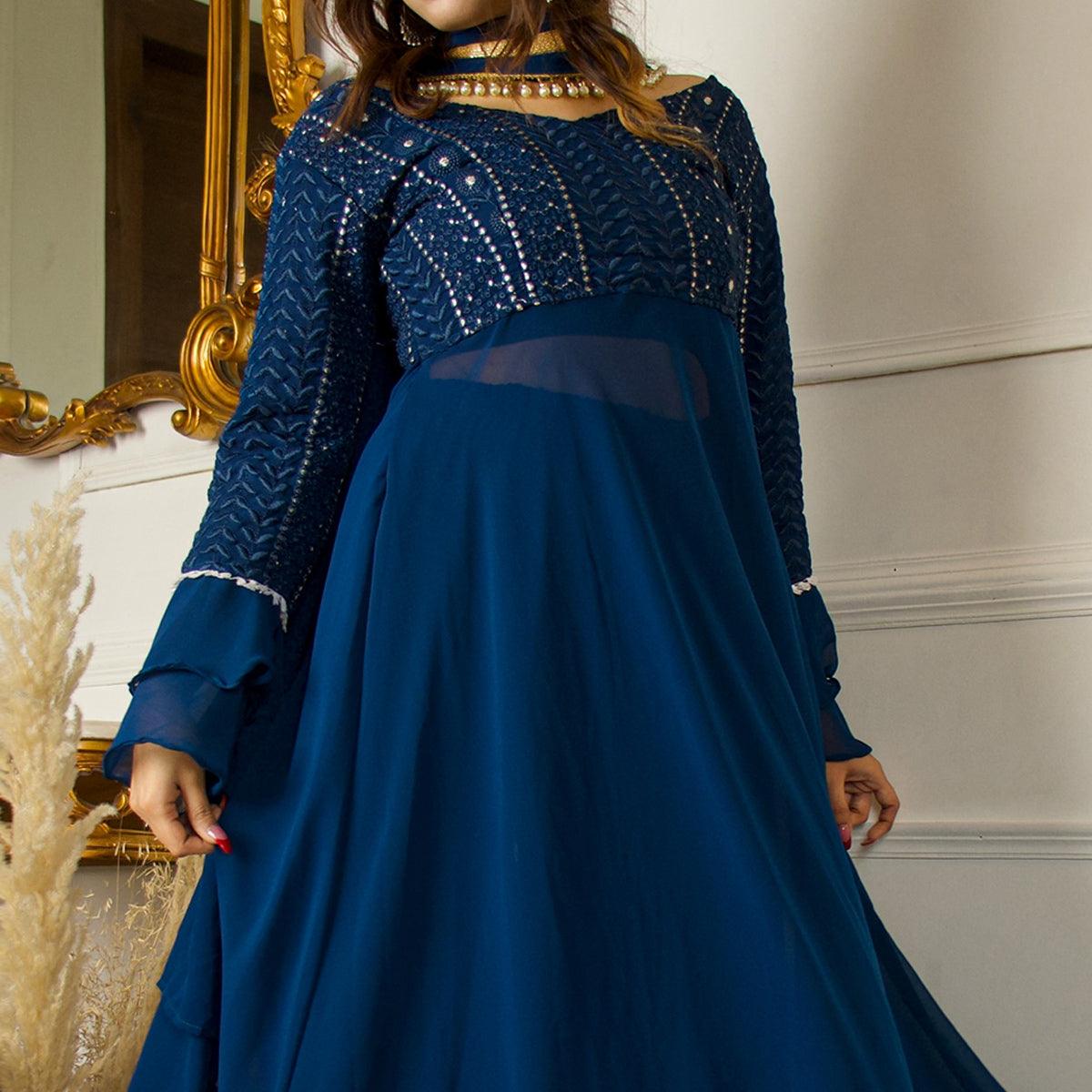 Blue Sequence Embroidered Georgette Partywear Suit With Dupatta - Peachmode