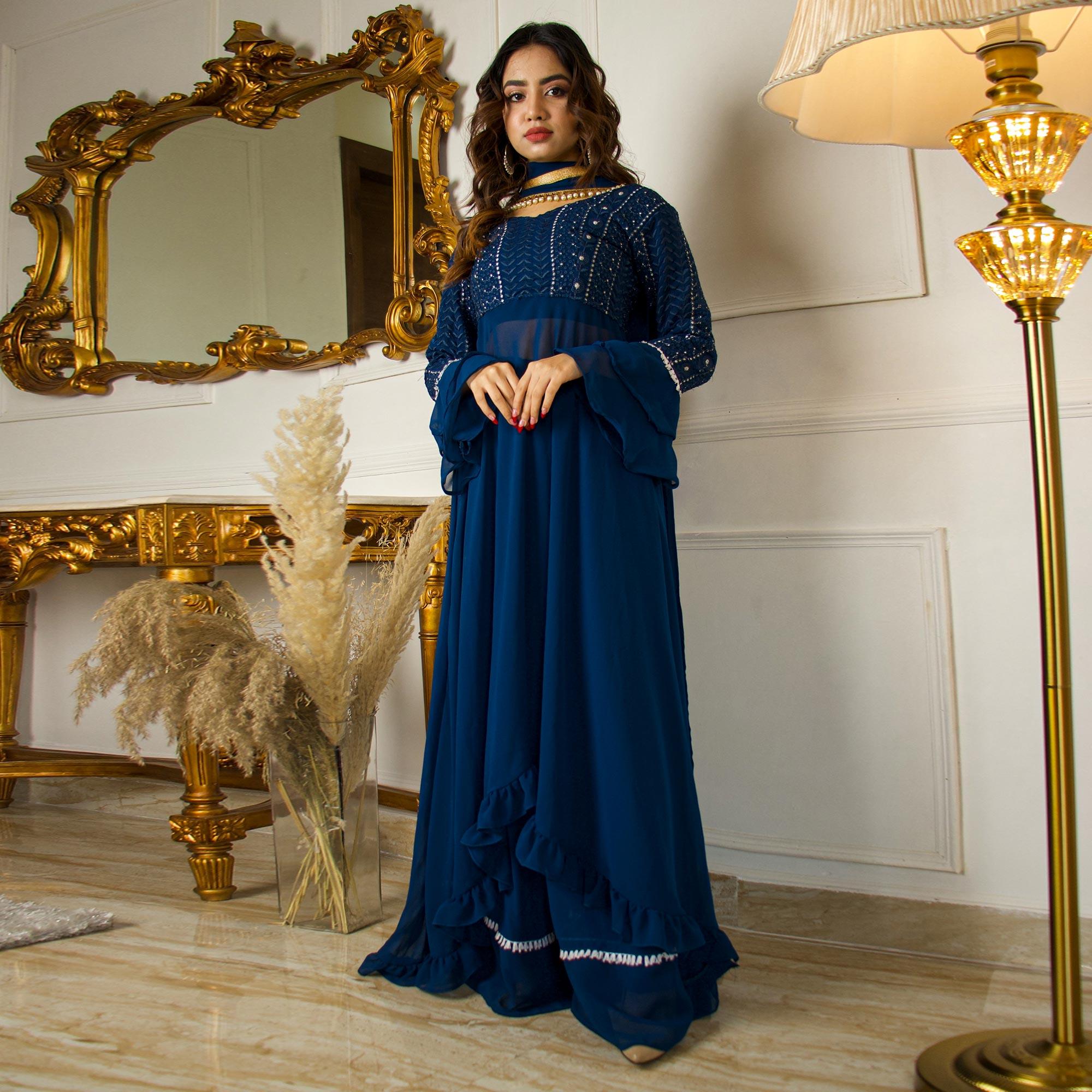 Blue Sequence Embroidered Georgette Partywear Suit With Dupatta - Peachmode