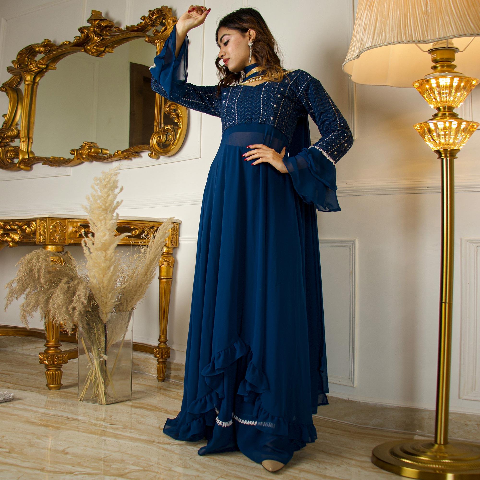 Blue Sequence Embroidered Georgette Partywear Suit With Dupatta - Peachmode