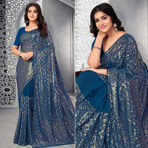 Blue Sequence Embroidered Georgette Saree - Peachmode