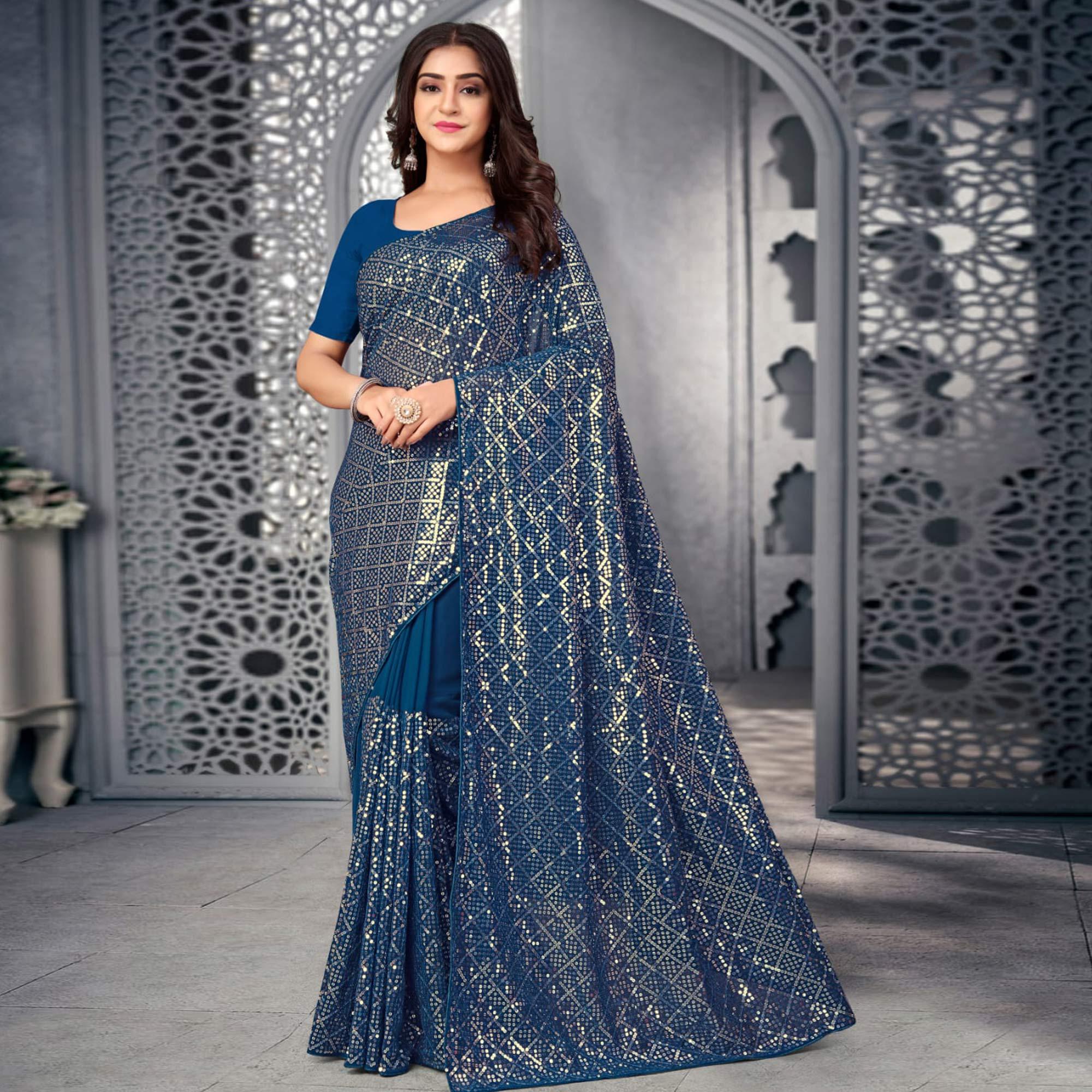Blue Sequence Embroidered Georgette Saree - Peachmode