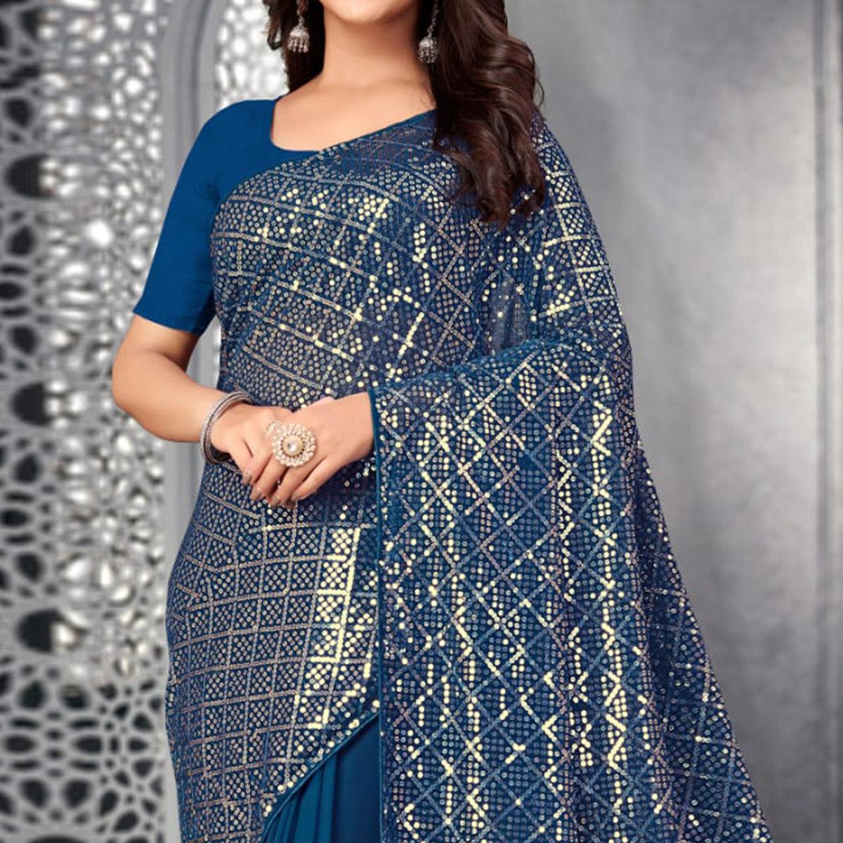 Blue Sequence Embroidered Georgette Saree - Peachmode