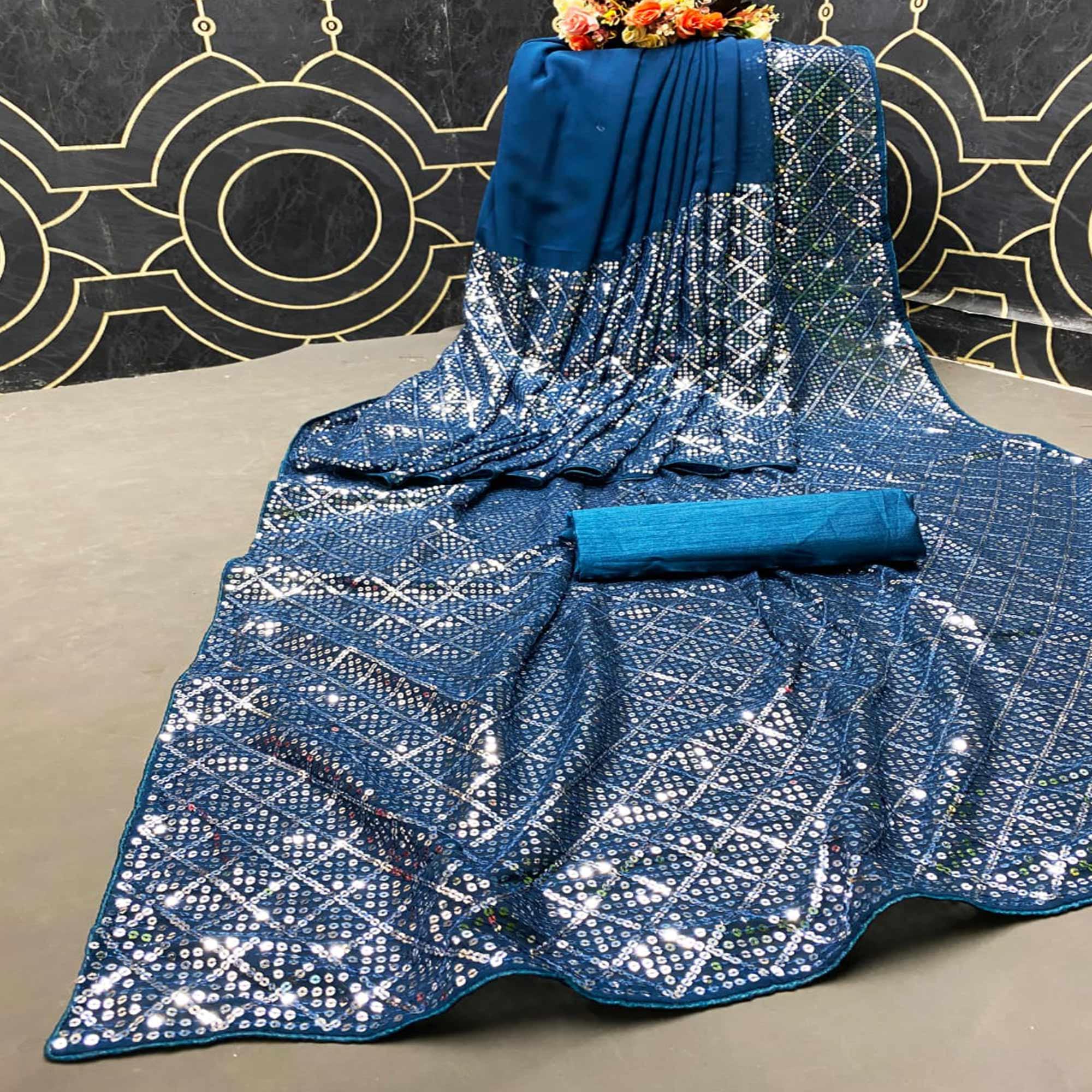 Blue Sequence Embroidered Georgette Saree - Peachmode