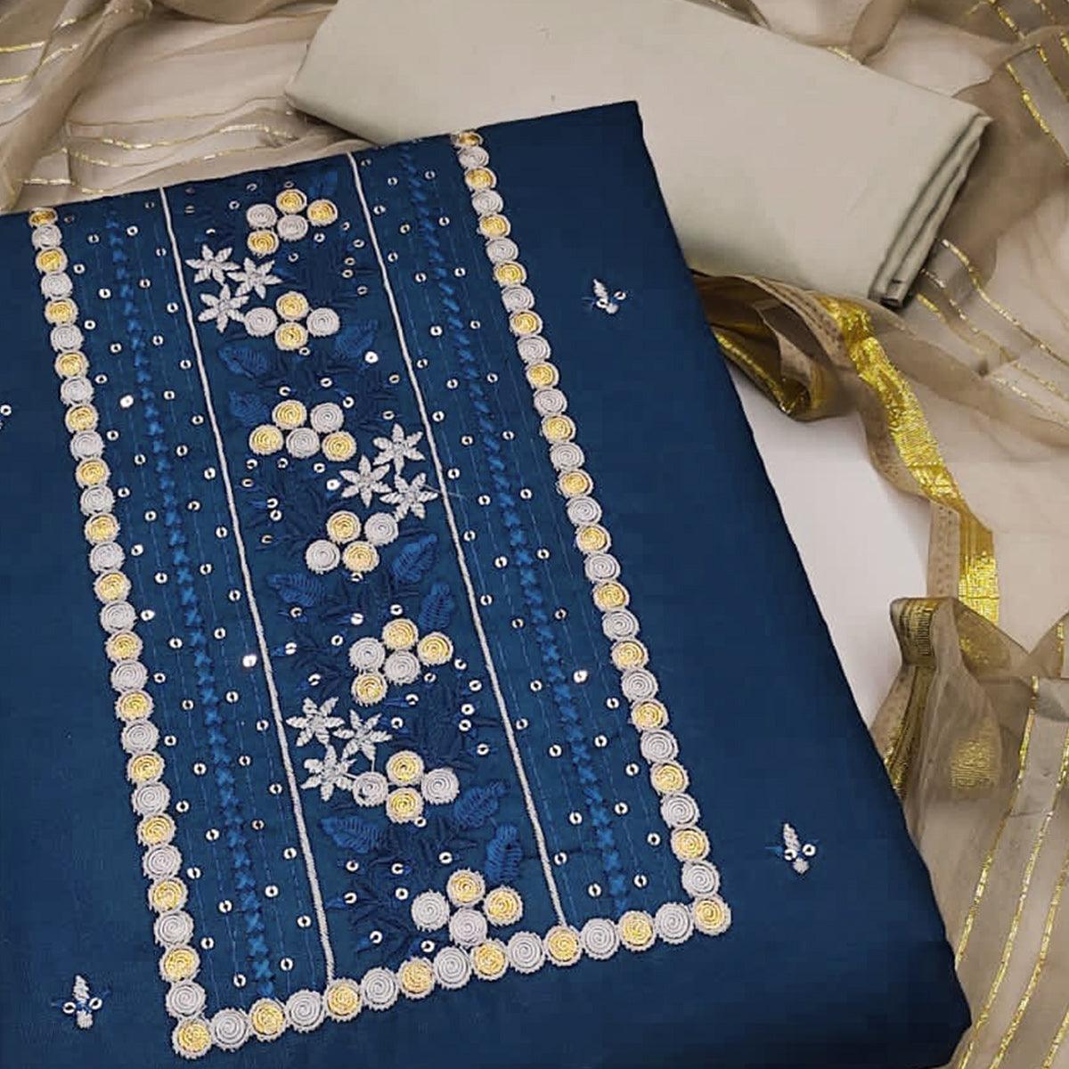 Blue Sequence Embroidered Poly Cotton Dress Material - Peachmode