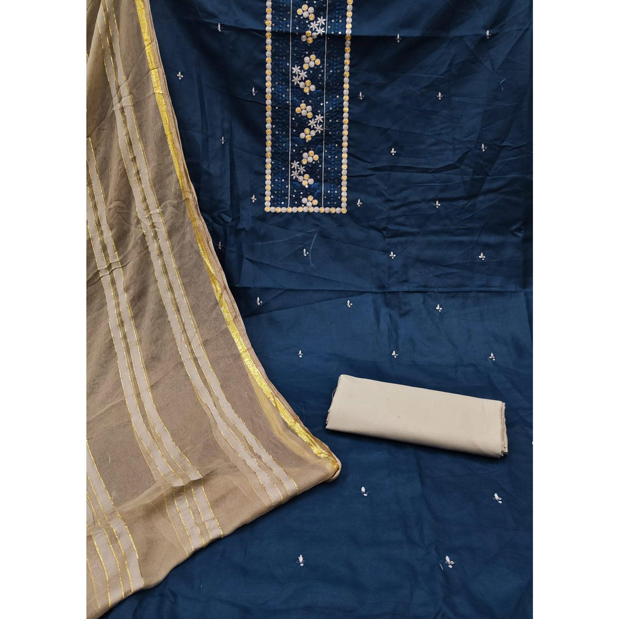 Blue Sequence Embroidered Poly Cotton Dress Material - Peachmode