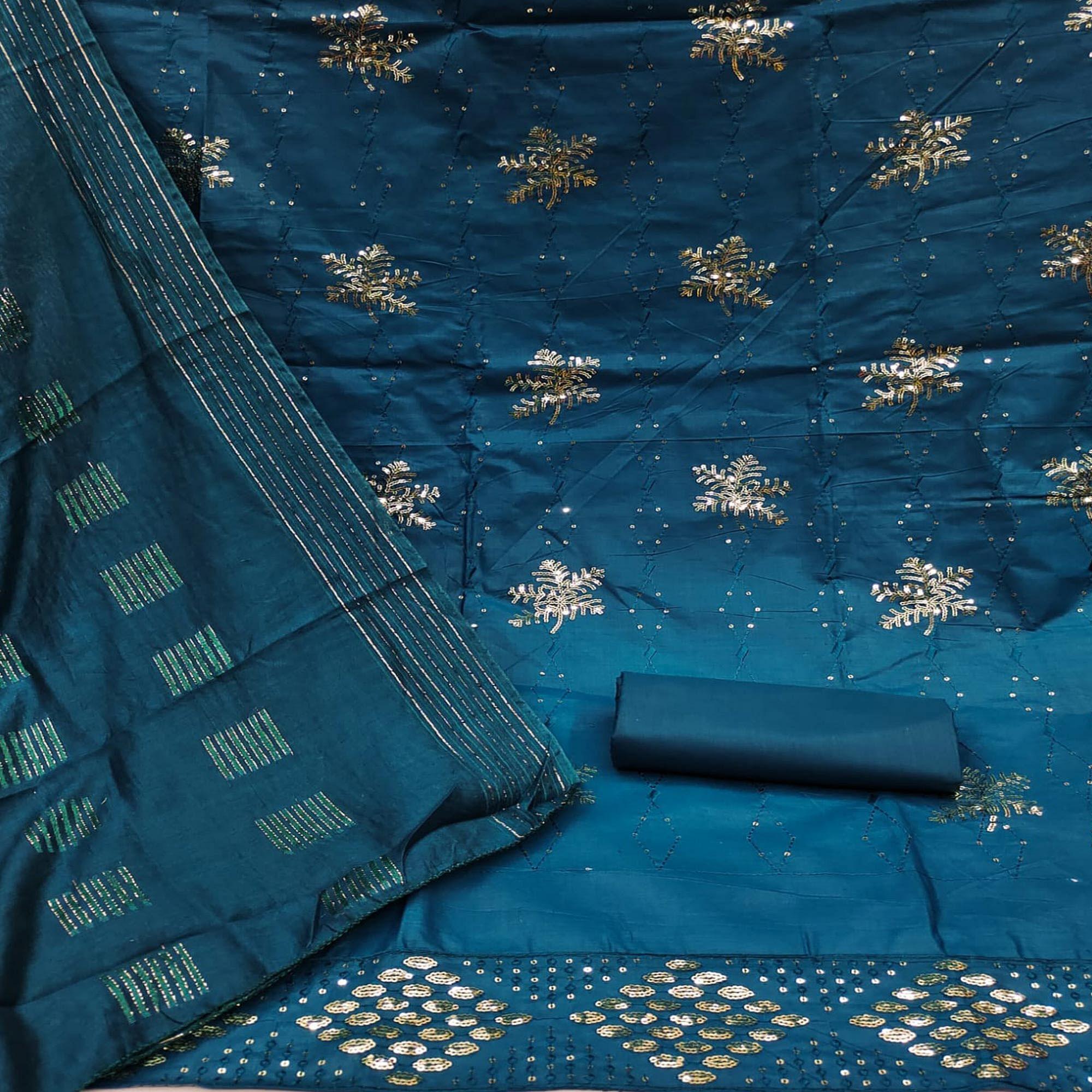Blue Sequence Embroidered Pure Cotton Dress Material - Peachmode