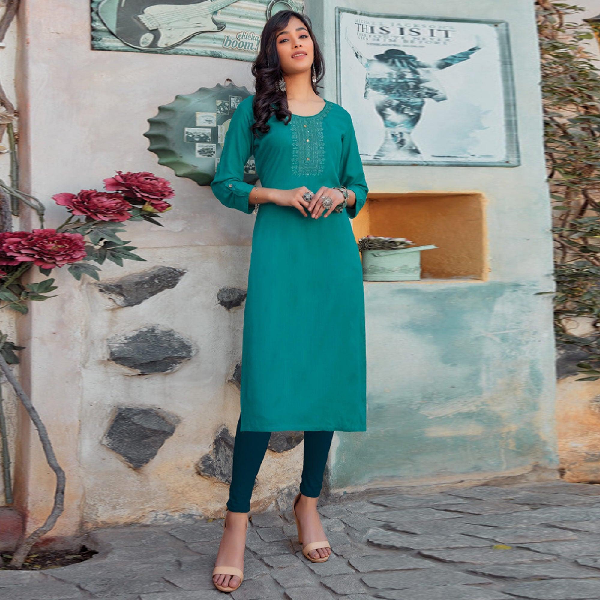 Blue Sequence Embroidered Pure Cotton Kurti - Peachmode