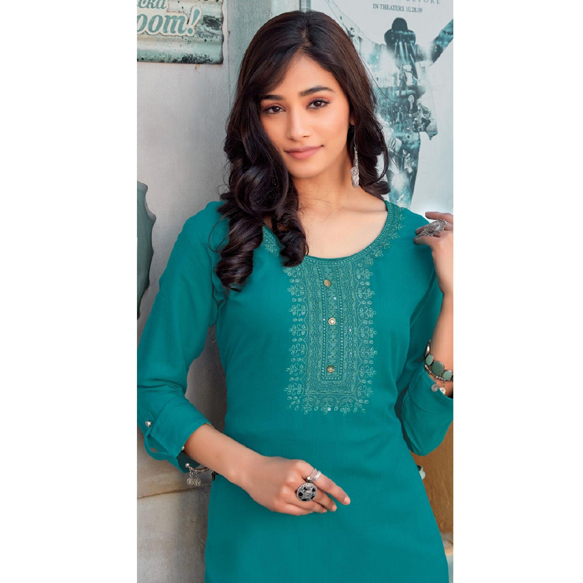 Blue Sequence Embroidered Pure Cotton Kurti - Peachmode
