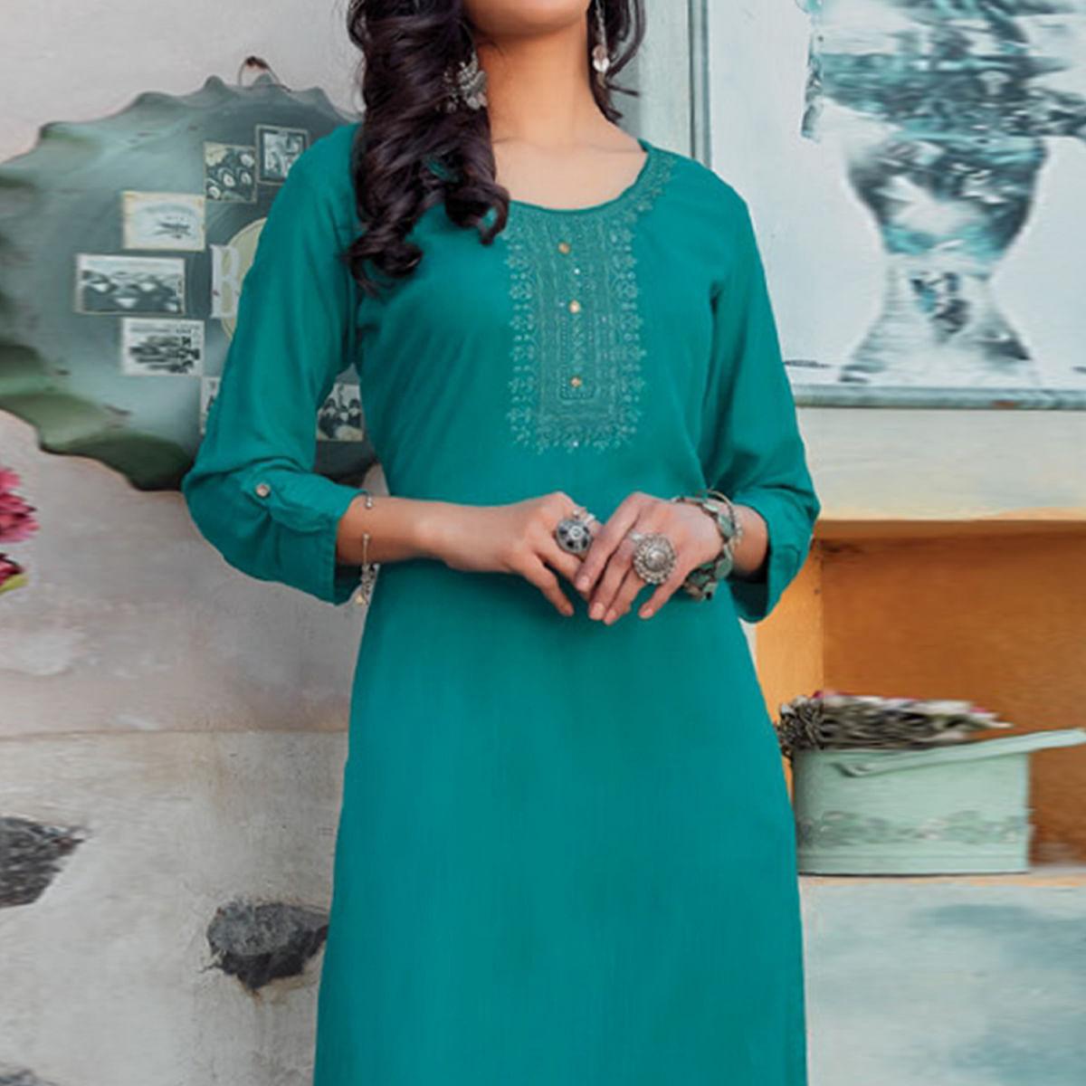 Blue Sequence Embroidered Pure Cotton Kurti - Peachmode