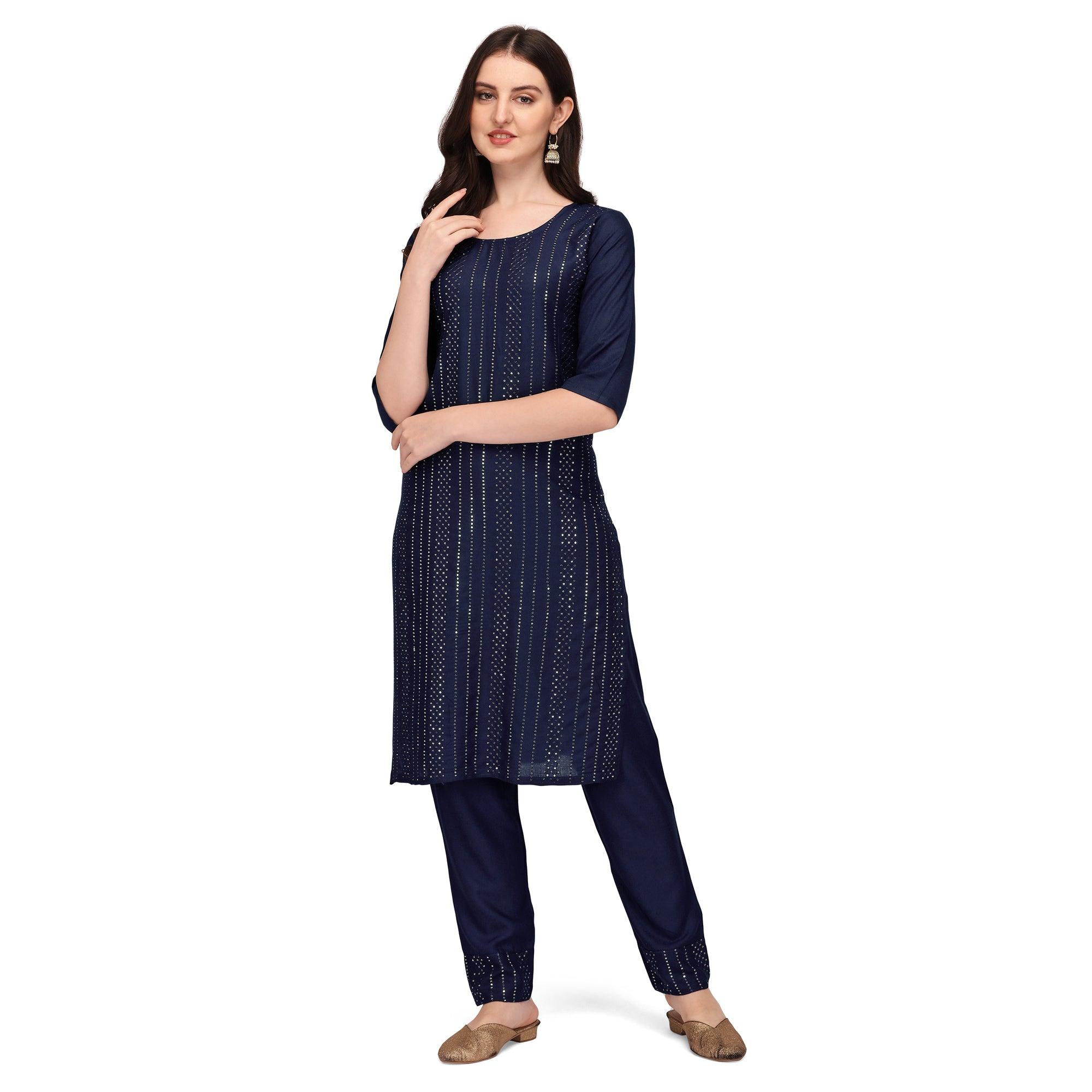 Blue Sequence Embroidered Rayon Kurti Pant Set - Peachmode