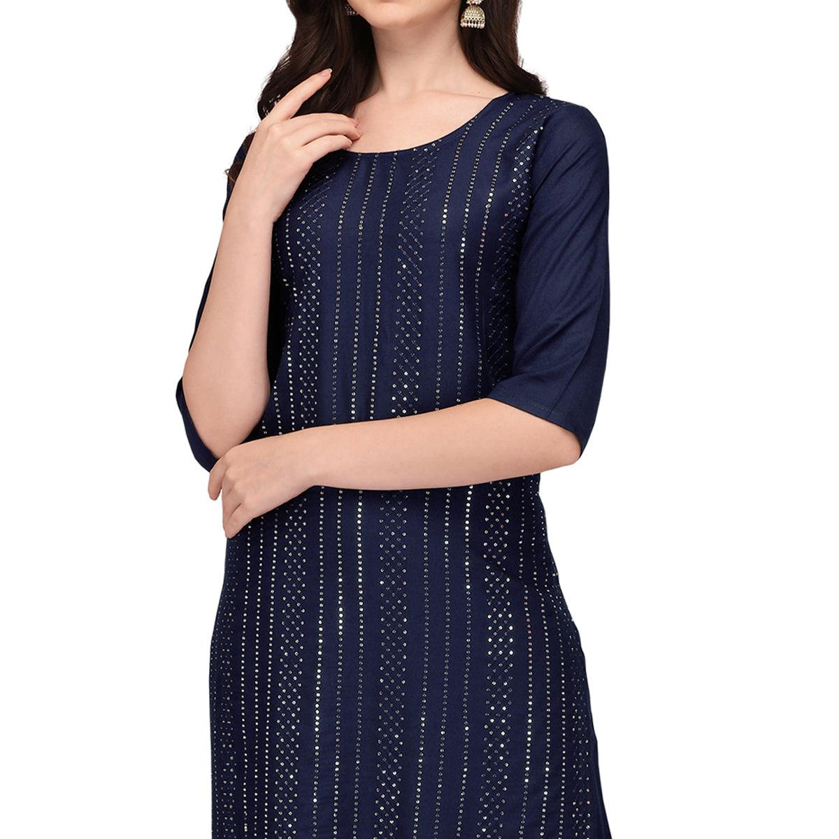 Blue Sequence Embroidered Rayon Kurti Pant Set - Peachmode