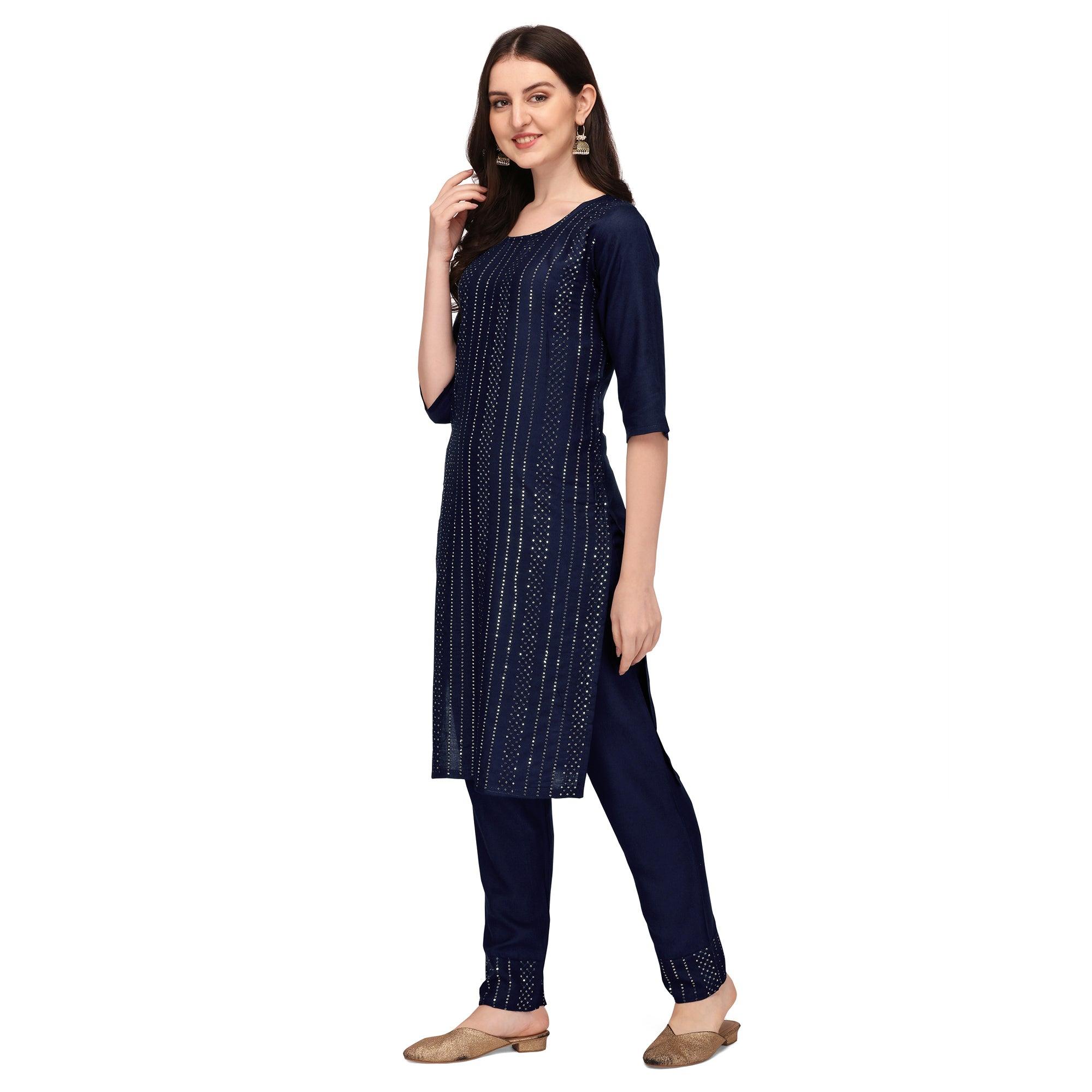 Blue Sequence Embroidered Rayon Kurti Pant Set - Peachmode