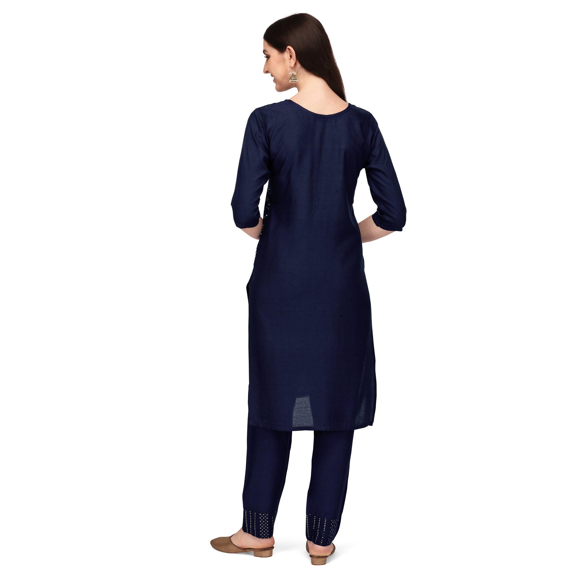 Blue Sequence Embroidered Rayon Kurti Pant Set - Peachmode