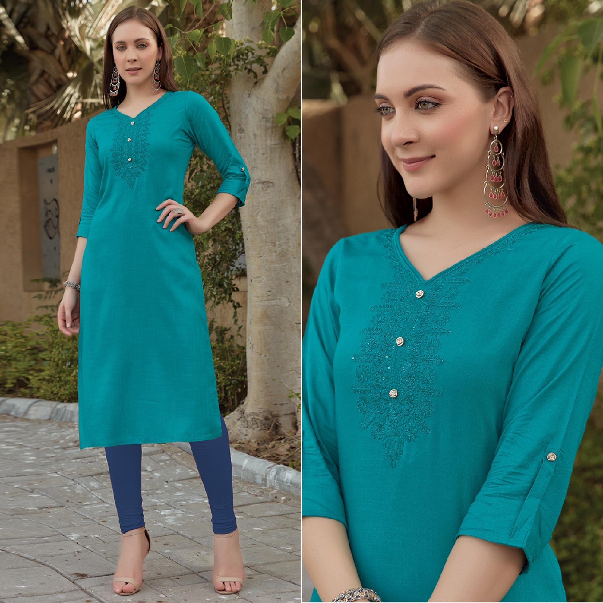 Blue Sequins Embroidered Rayon Kurti
