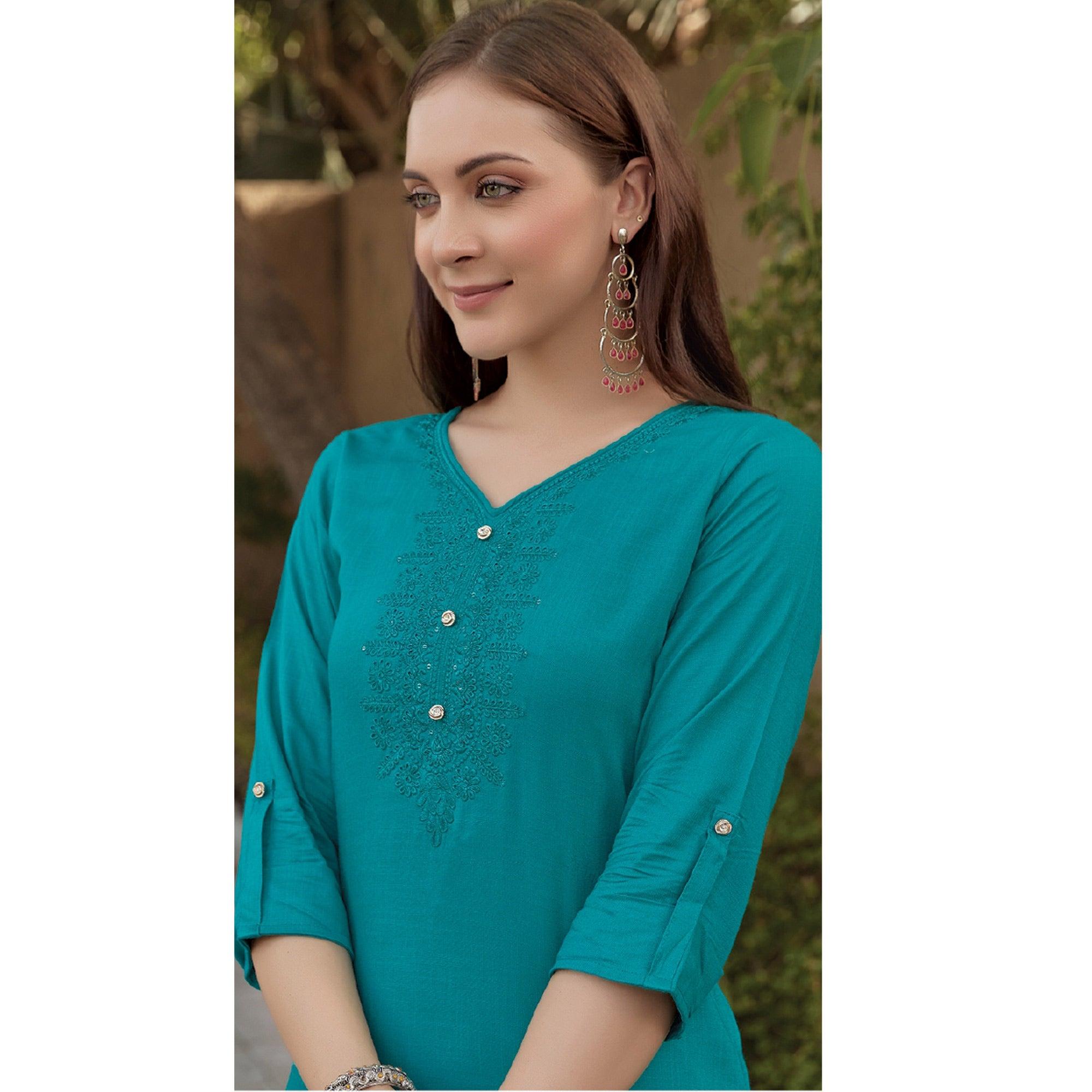 Blue Sequence Embroidered Rayon Kurti - Peachmode