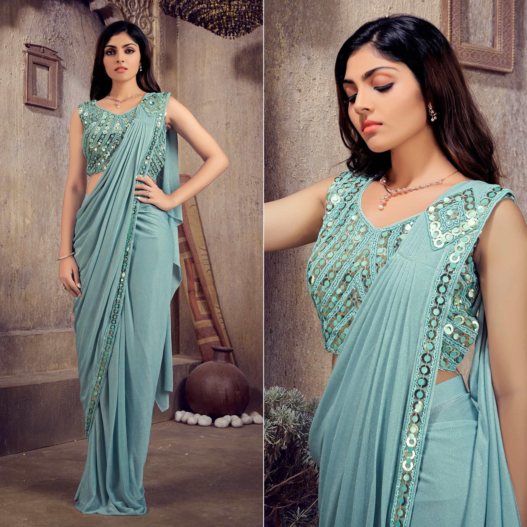 Blue Sequence Embroidered Stitched Art Silk Saree - Peachmode