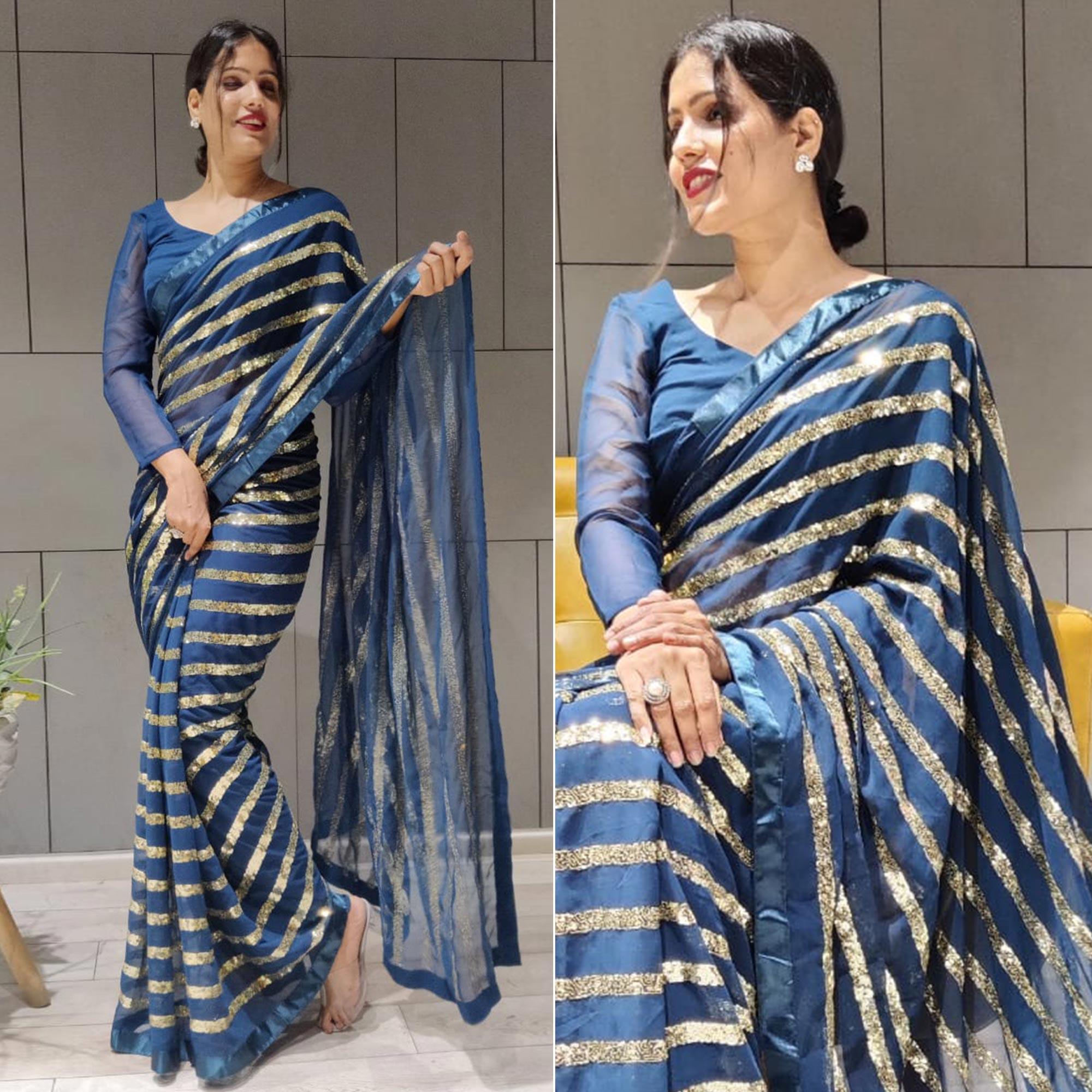Blue Sequence Embroidered With Stripes Georgette Saree - Peachmode