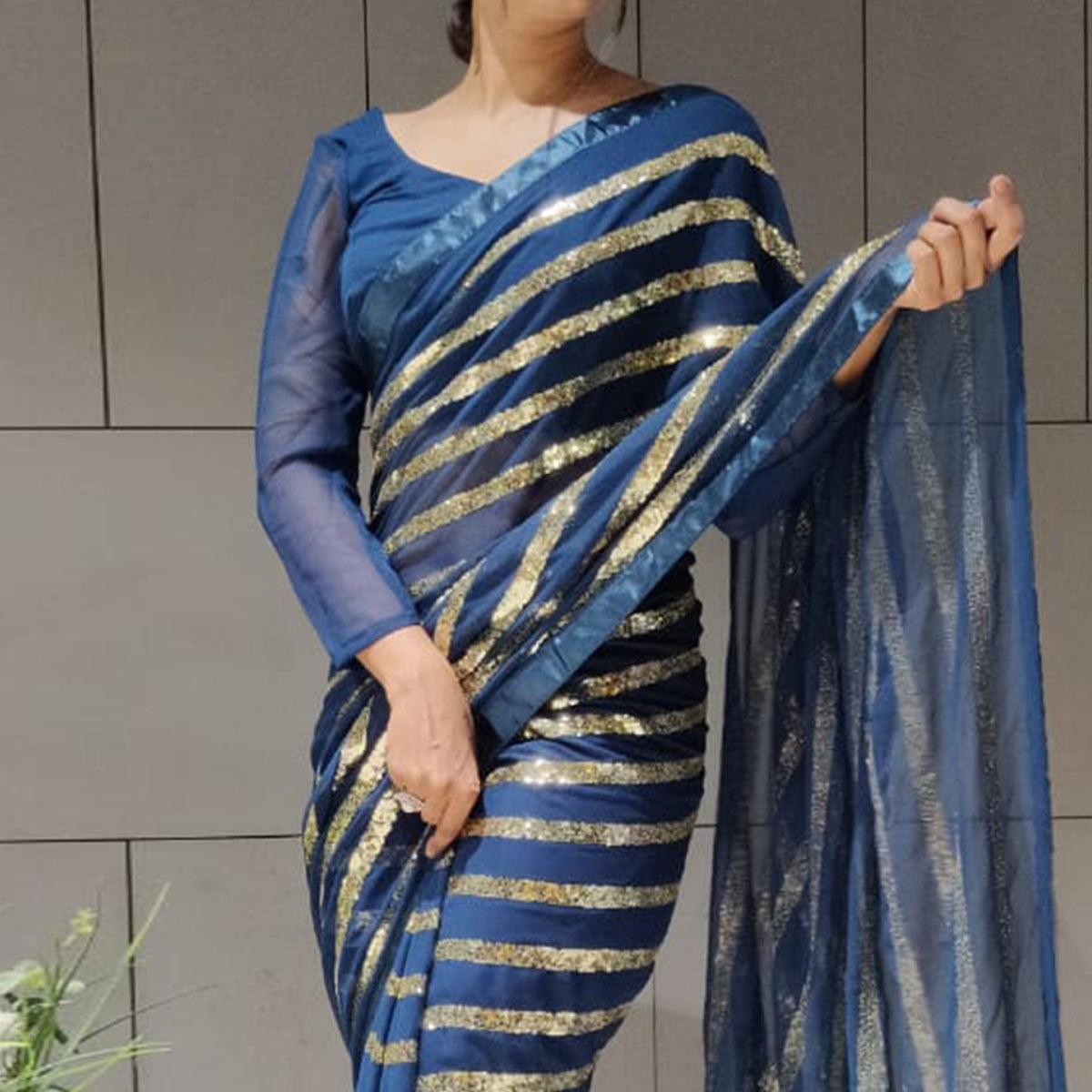 Blue Sequence Embroidered With Stripes Georgette Saree - Peachmode