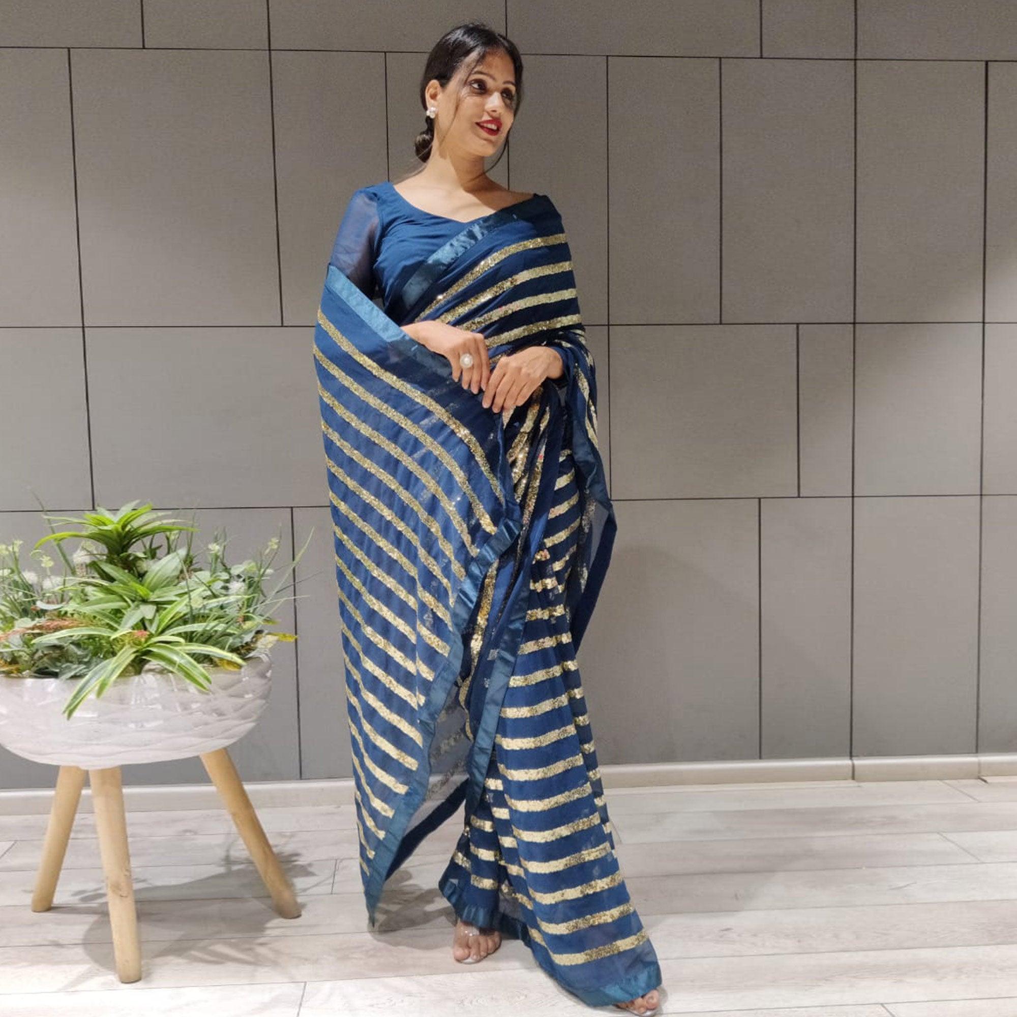 Blue Sequence Embroidered With Stripes Georgette Saree - Peachmode