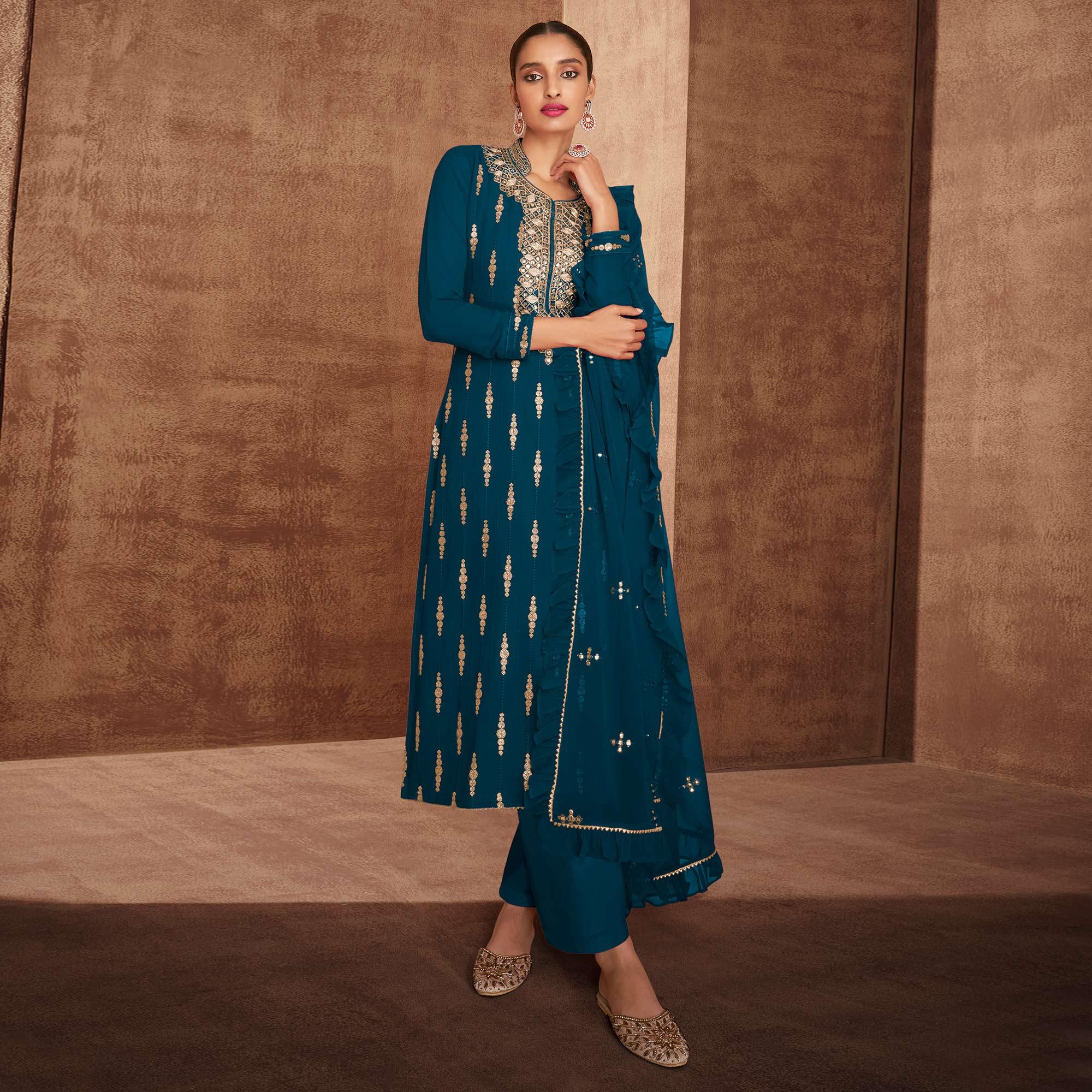 Blue Sequence Embroidery Georgette Partywear Suit - Peachmode