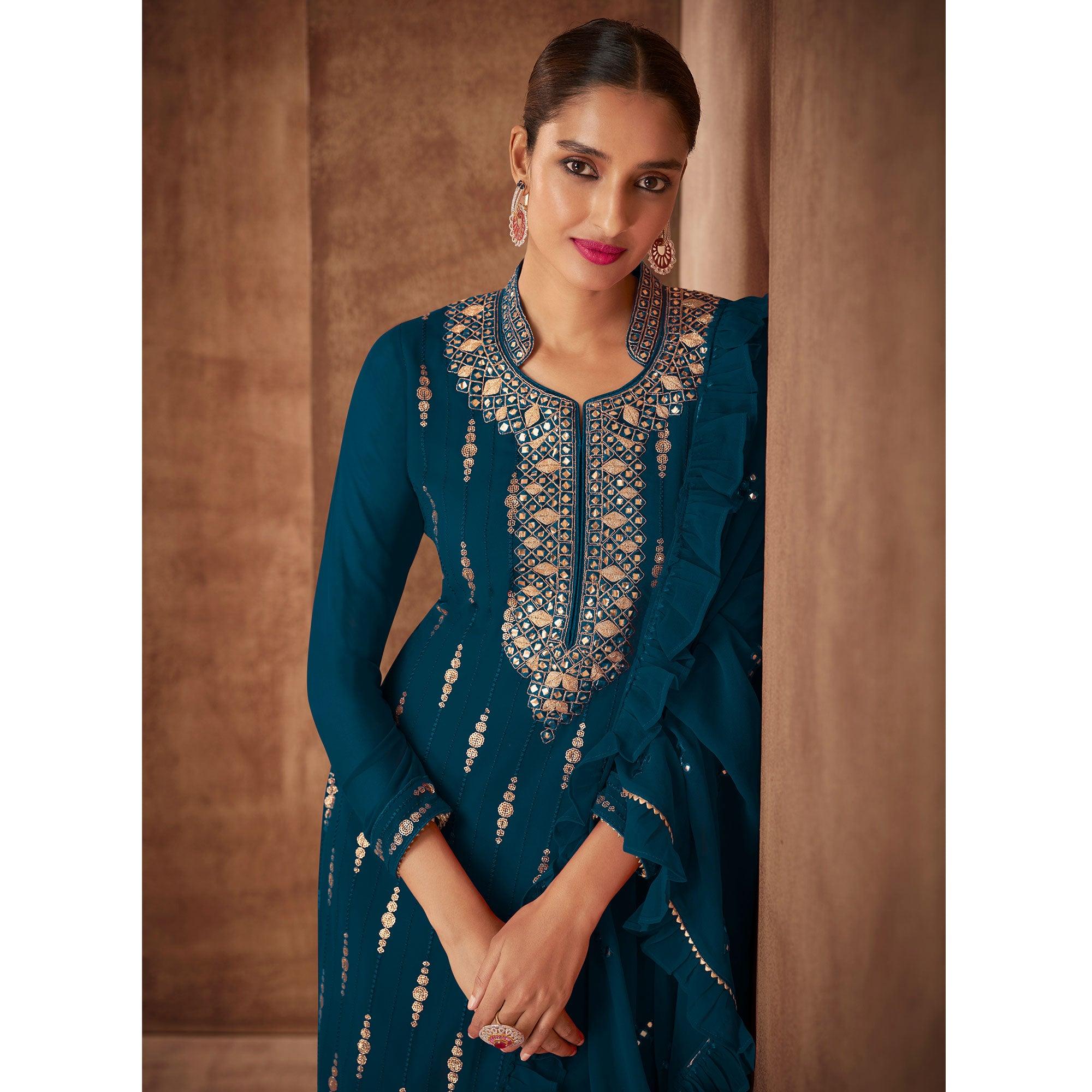 Blue Sequence Embroidery Georgette Partywear Suit - Peachmode