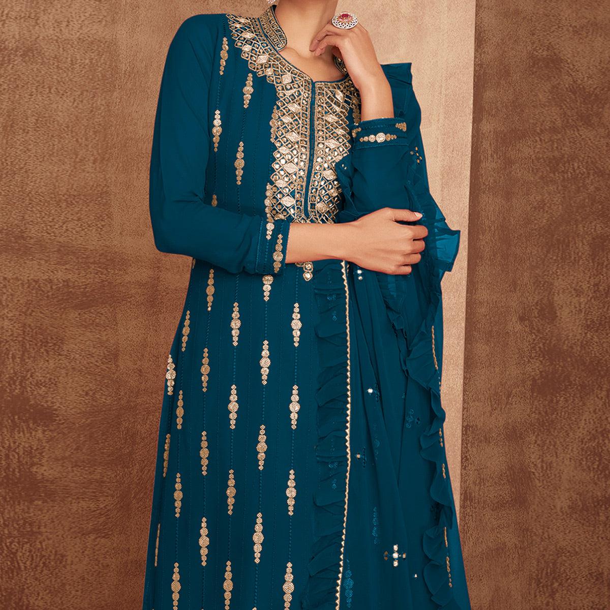 Blue Sequence Embroidery Georgette Partywear Suit - Peachmode