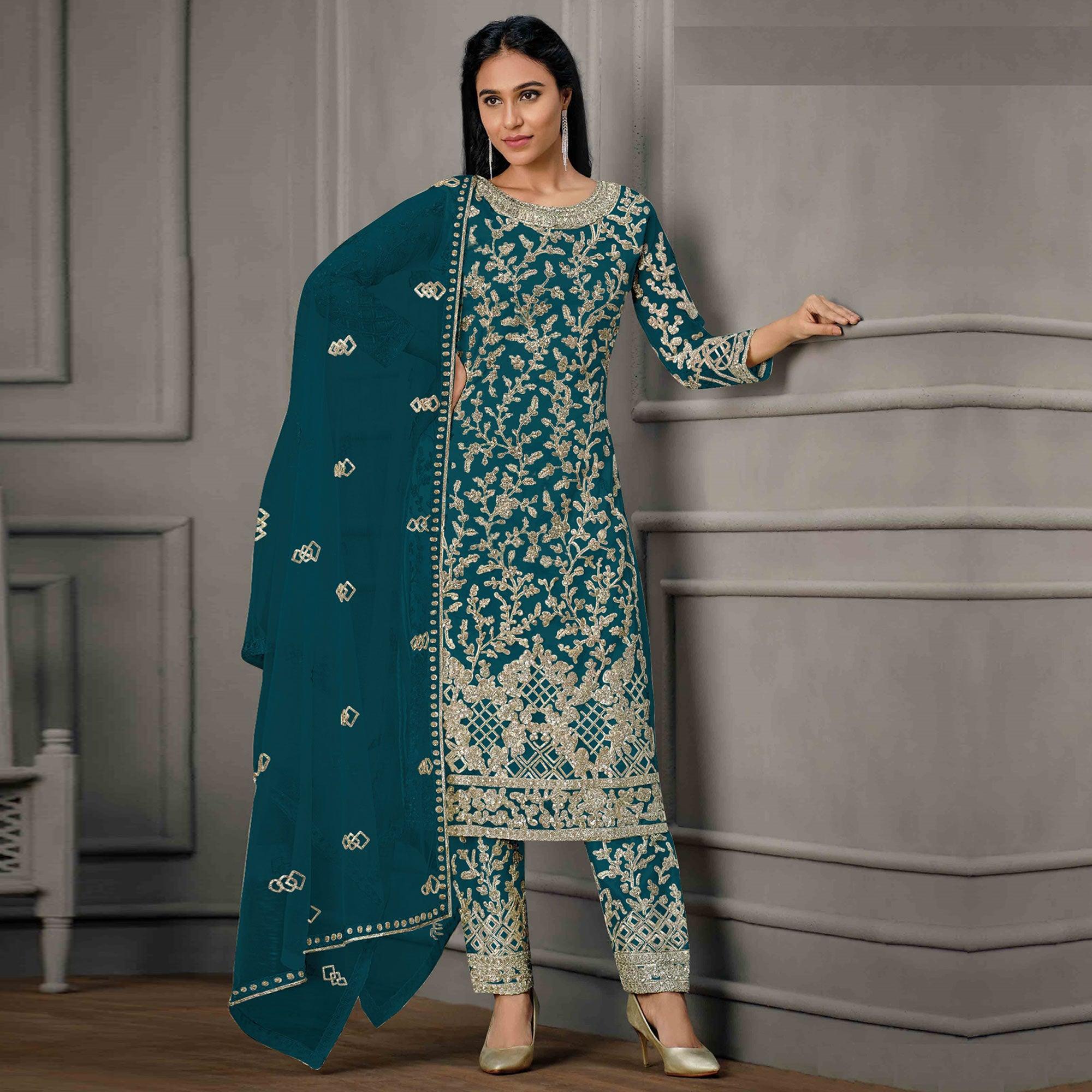Blue Sequence Floral Embroidered Net Salwar Suit - Peachmode