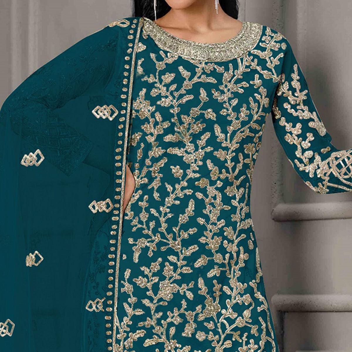 Blue Sequence Floral Embroidered Net Salwar Suit - Peachmode