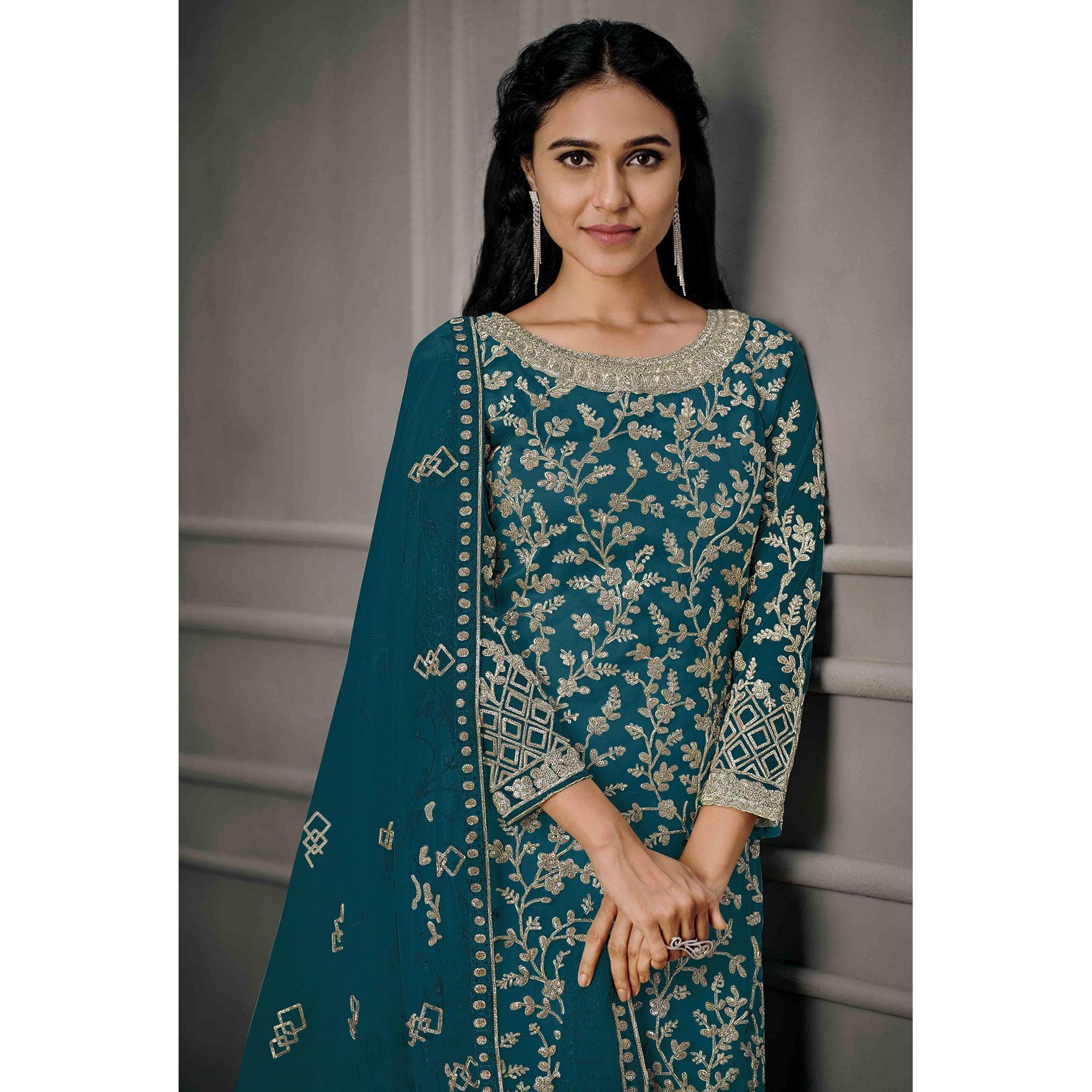 Blue Sequence Floral Embroidered Net Salwar Suit - Peachmode