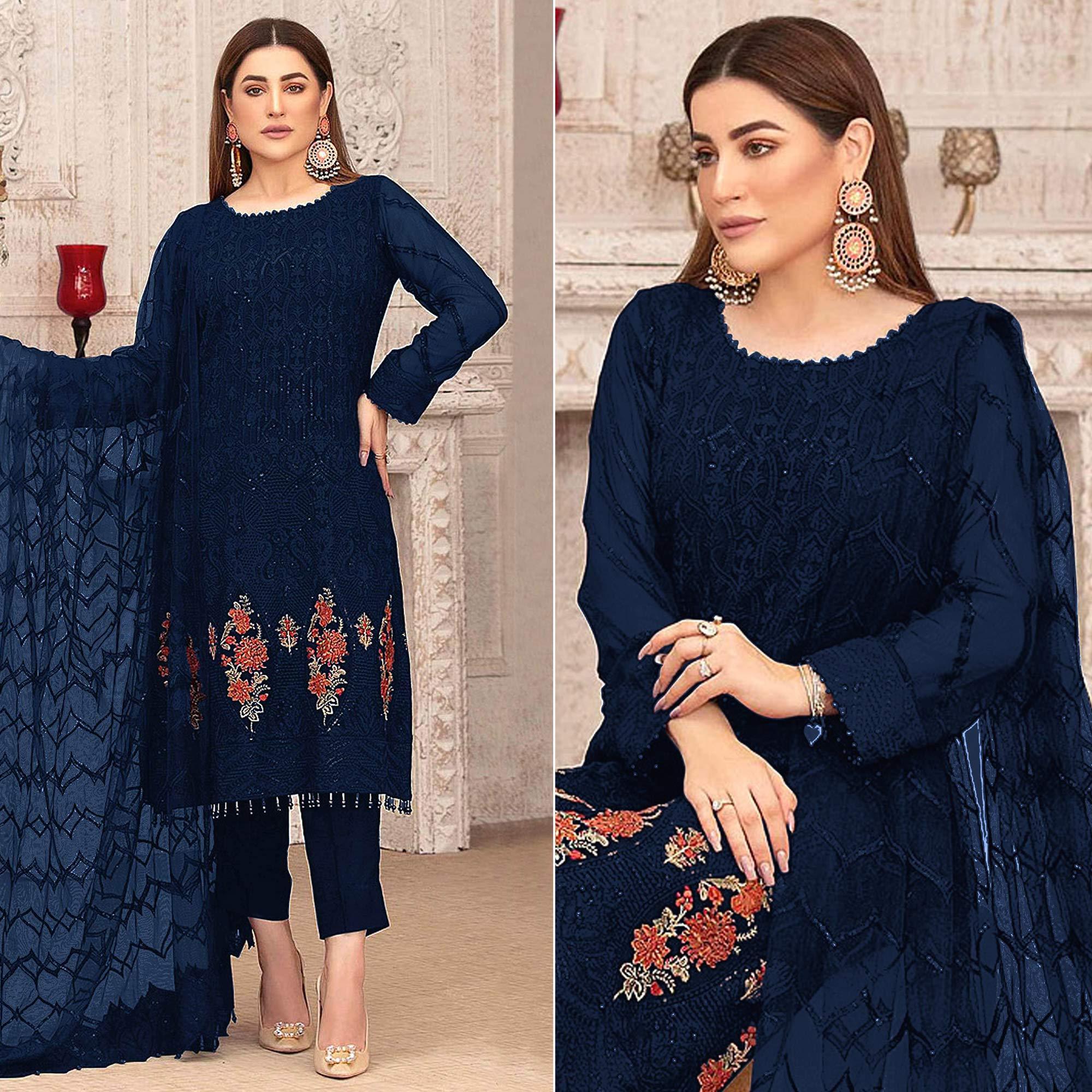 Blue Sequence With Floral Embroidered Georgette Pakistani Suit - Peachmode
