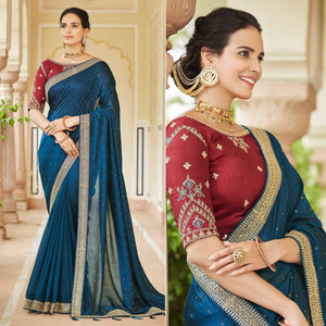 Blue Sequence With swarovski Work Vichitra Silk Saree - Peachmode