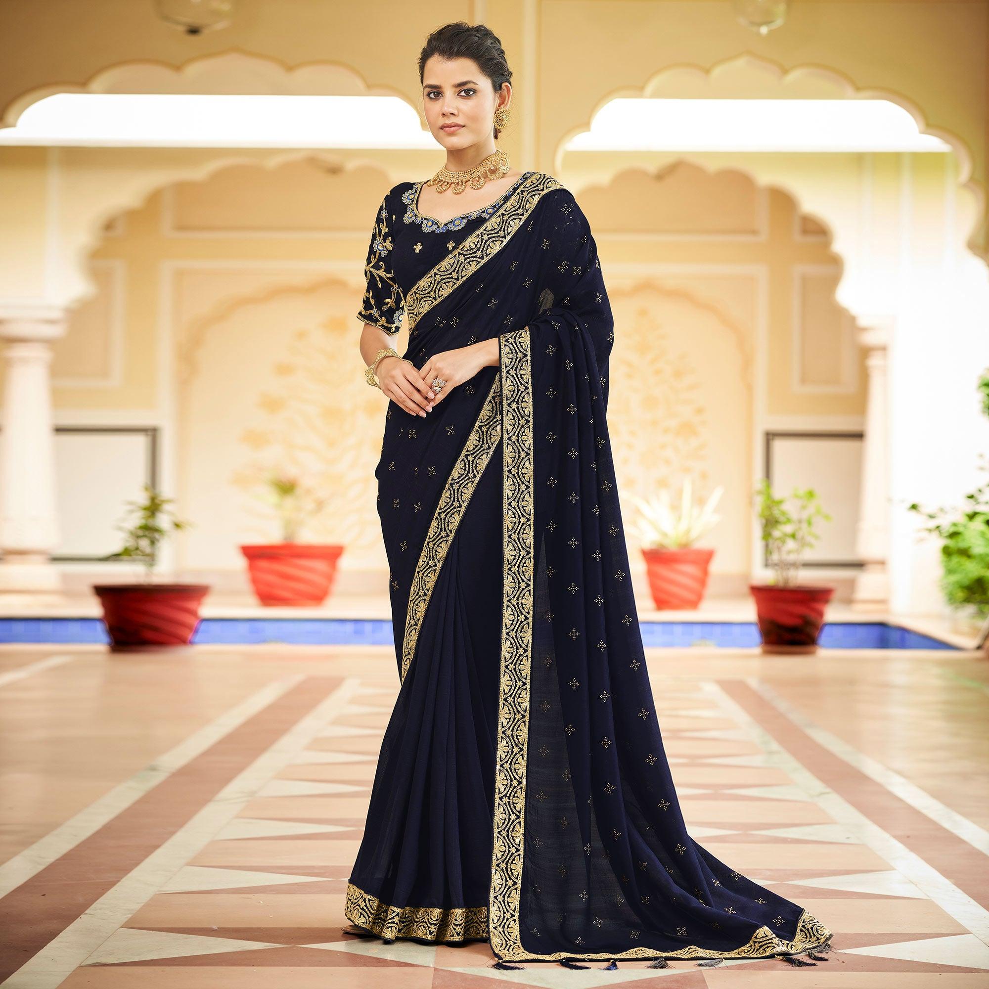 Blue Sequence With swarovski Work Vichitra Silk Saree - Peachmode